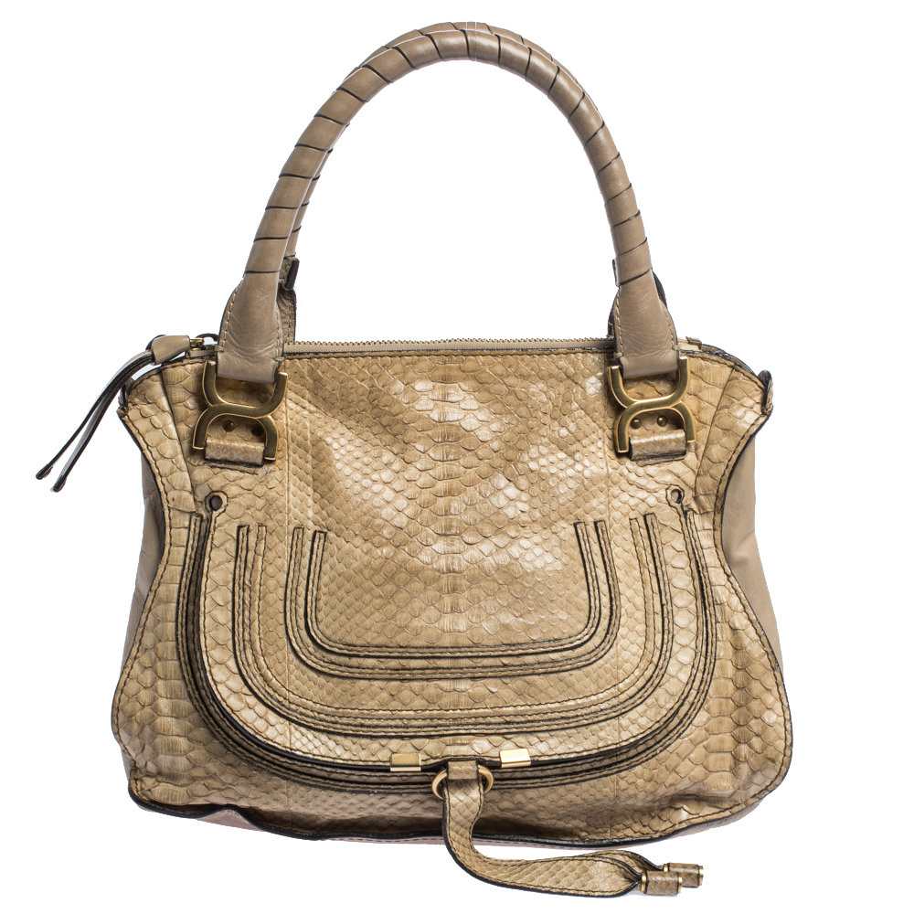 Image of Chloe Beige Python and Leather Medium Marcie Satchel