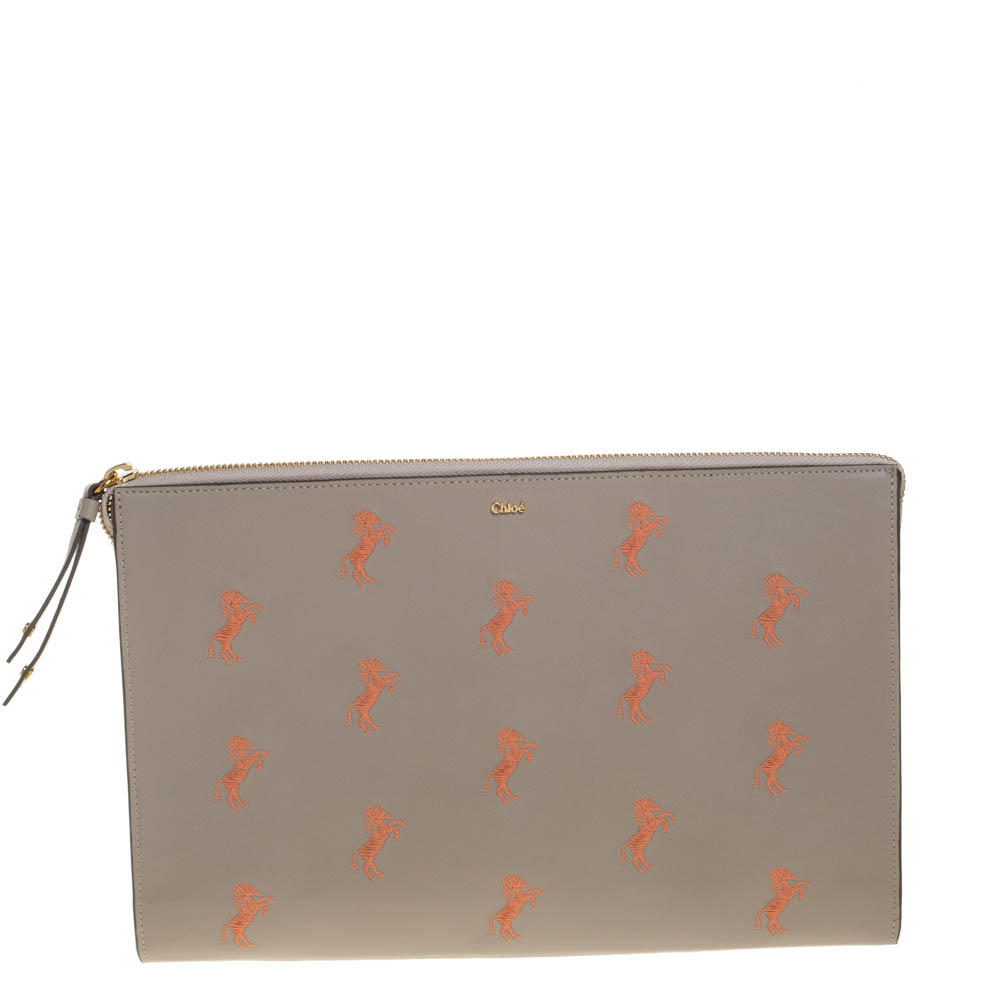 Chloe Beige Leather Little Horses Embroidered Zip Pouch