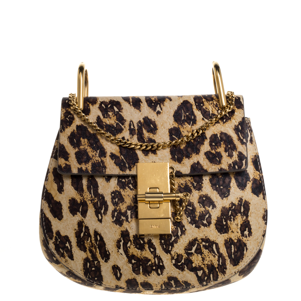 Chloe Brown/Beige Leopard Print Leather Mini Drew Shoulder Bag