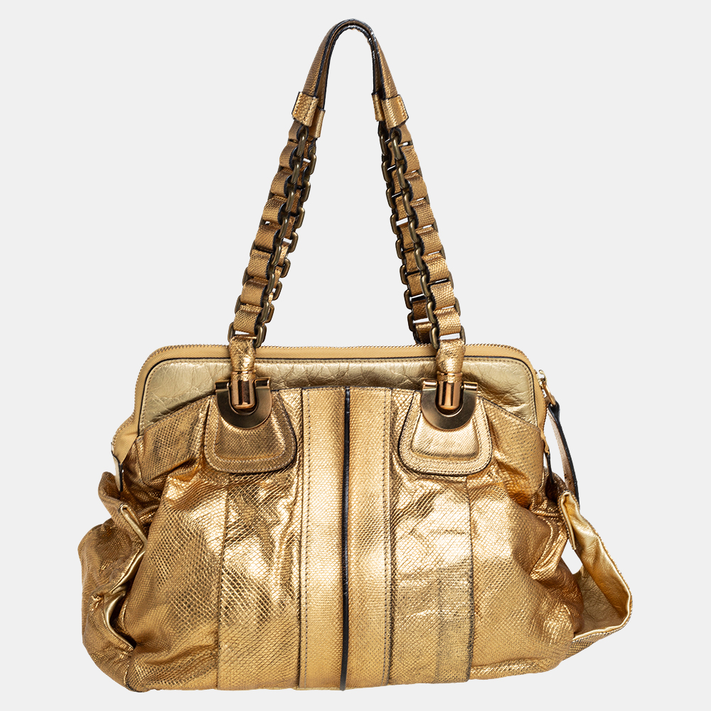 Chlo&eacute; metallic gold embossed leather heloise satchel