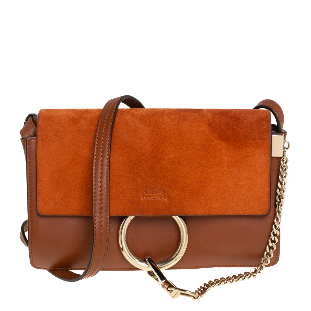 Chloe Brown/Orange Leather and Suede Small Faye Shoulder Bag