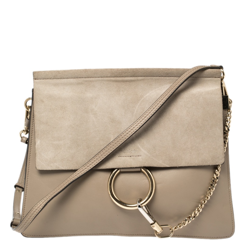 Chloé Taupe Leather and Suede Medium Faye Shoulder Bag