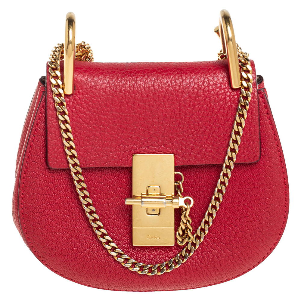 Chloe Red Grained Leather Nano Drew Shoulder Bag