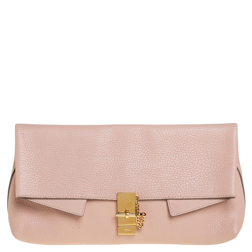 Chloe Powder Pink Grained Leather Drew Fold Over Clutch