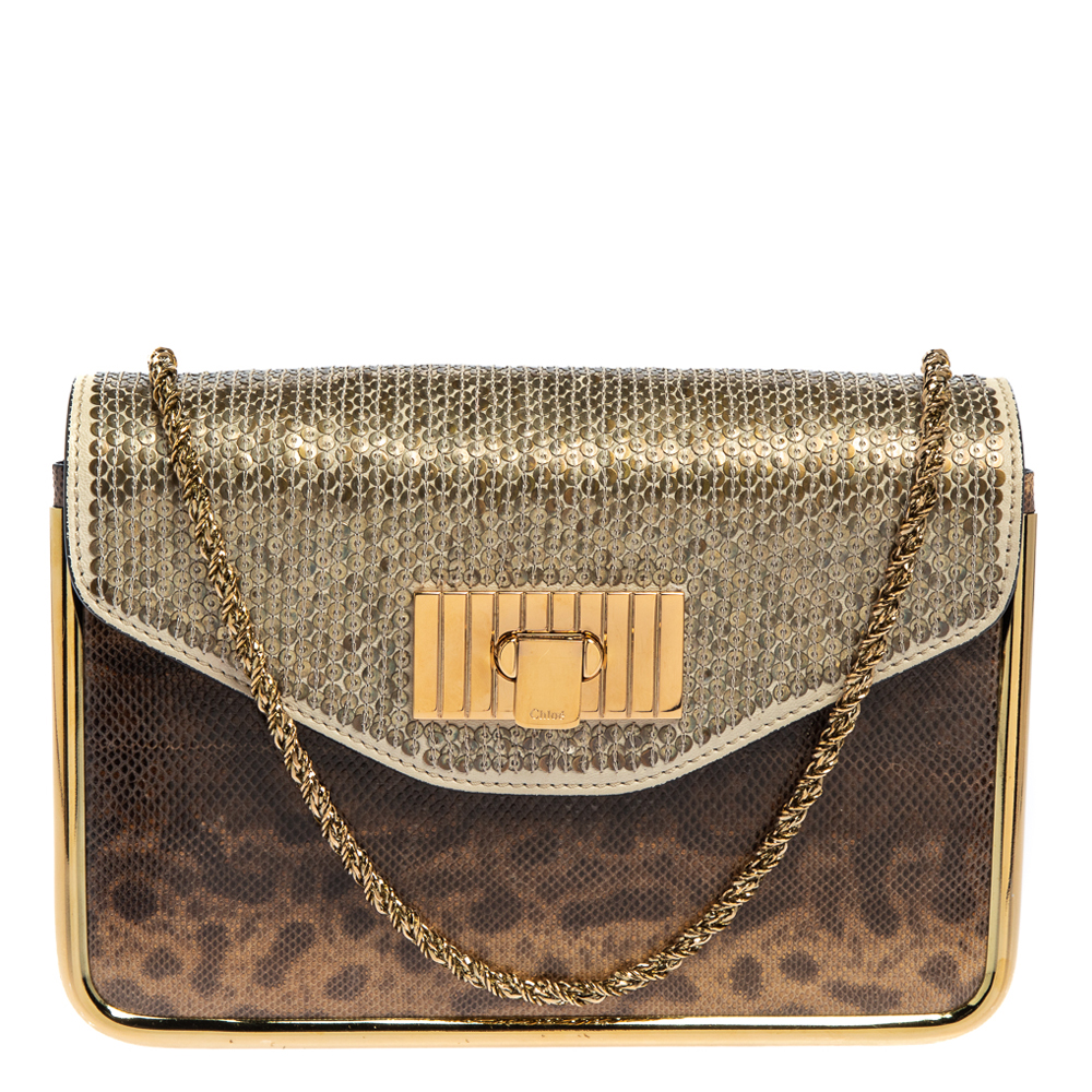 Chloe Brown Karung, Sequins and Leather Small Sally Shoulder Bag