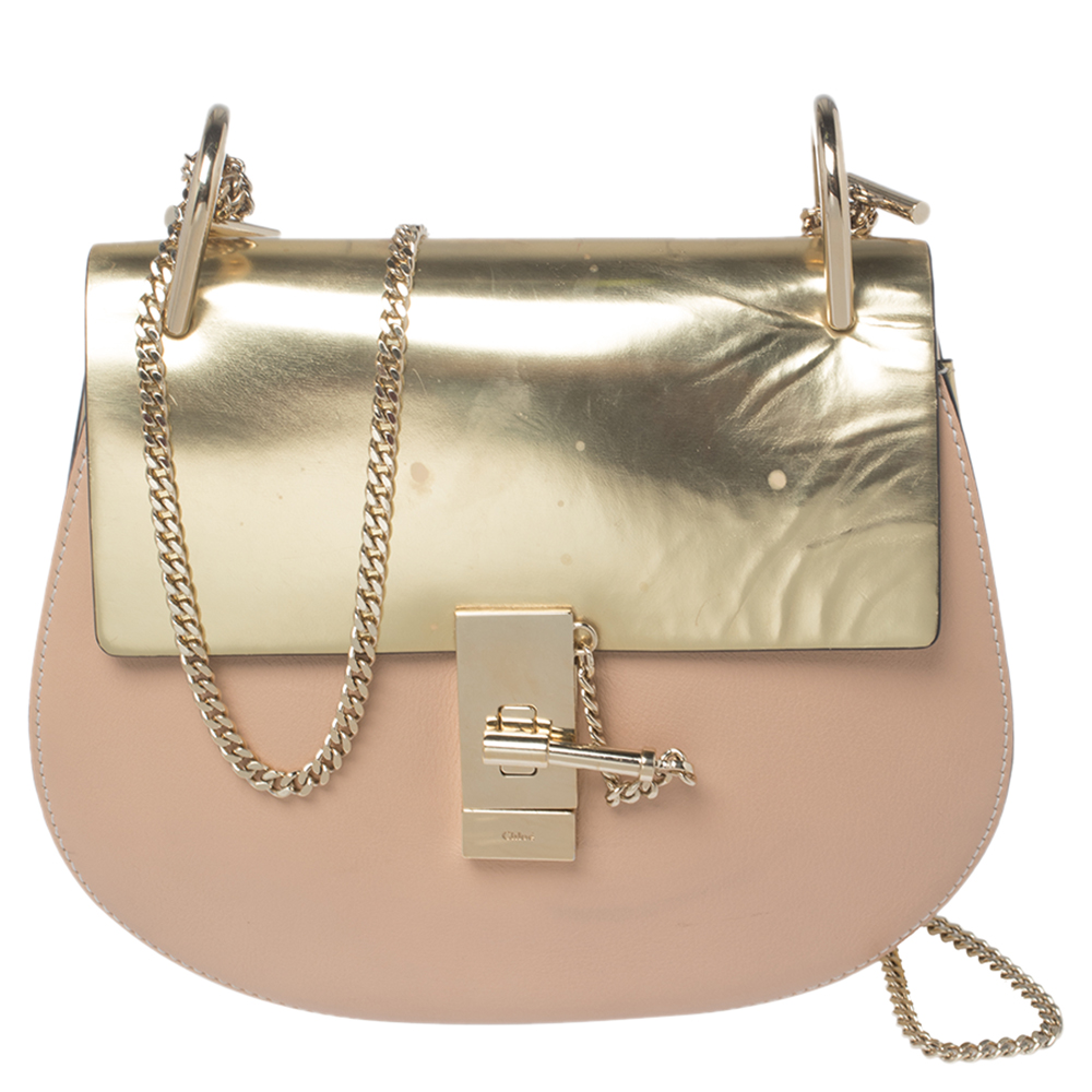 Chloe Metallic Gold/Beige Leather Medium Drew Shoulder Bag