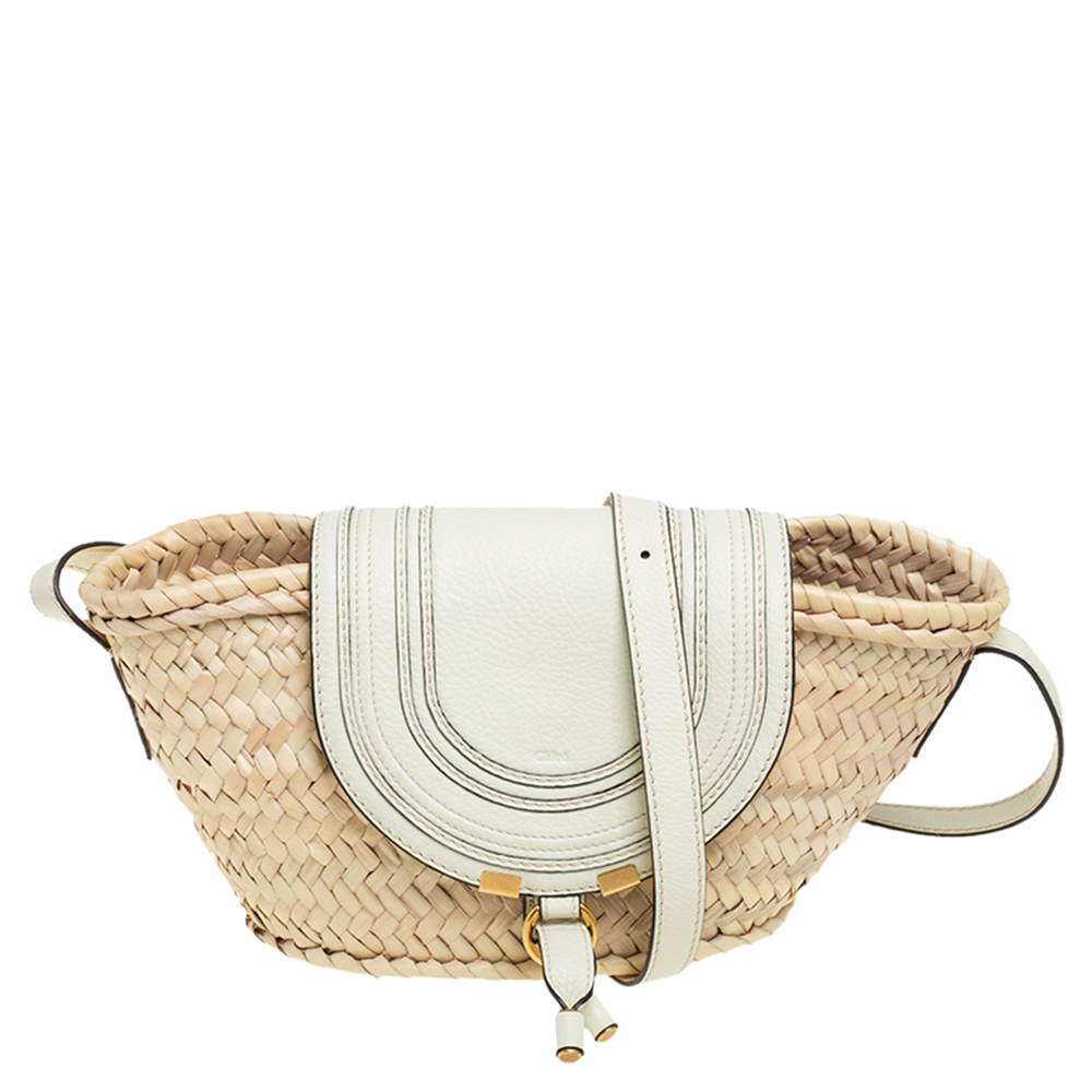 Chloe White/Beige Woven Raffia and Leather Small Marcie Basket Bag