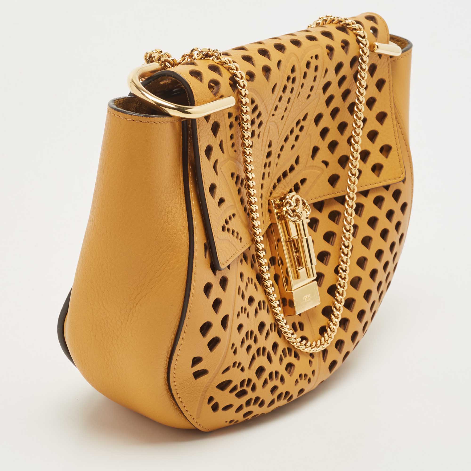 Chloe Mustard Pineapple Perforated Leather Medium Drew Shoulder Bag