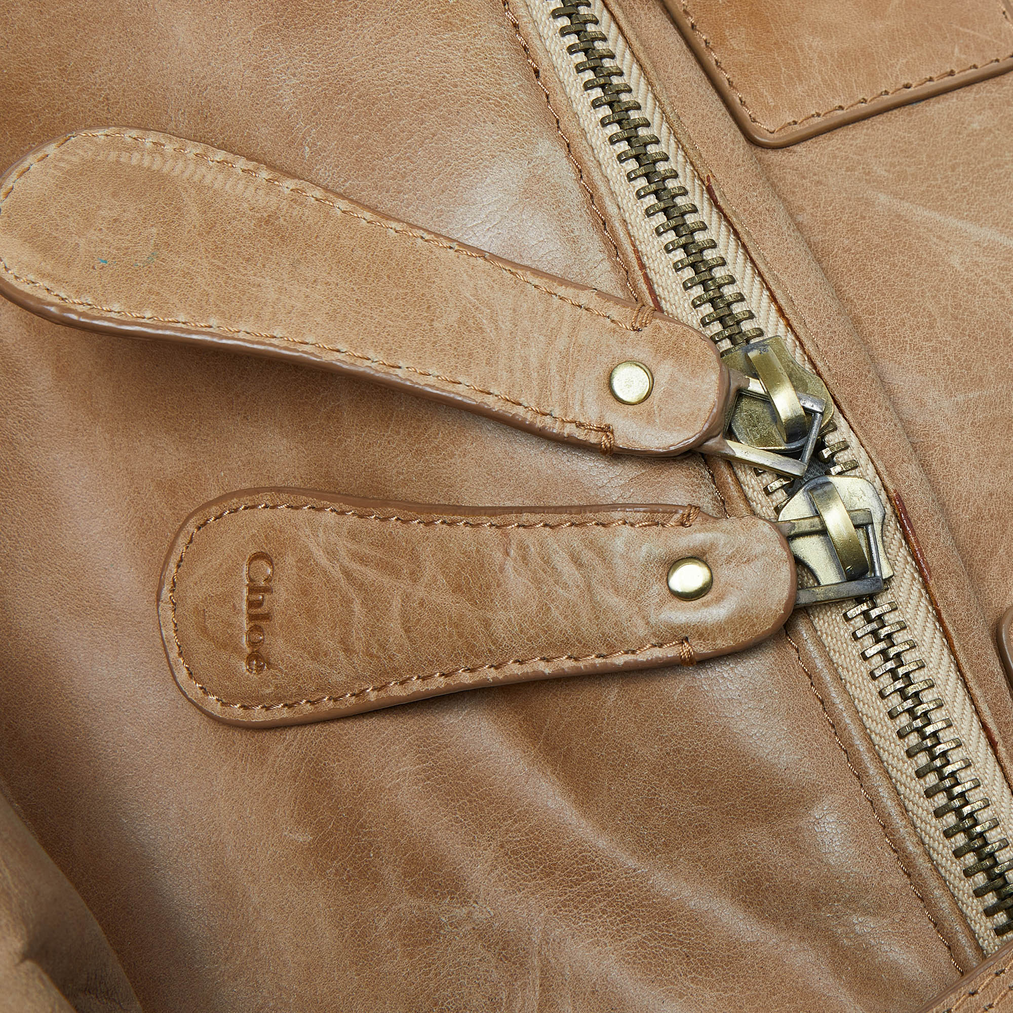 Chloe Beige Leather Front Zip Pocket Shoulder Bag