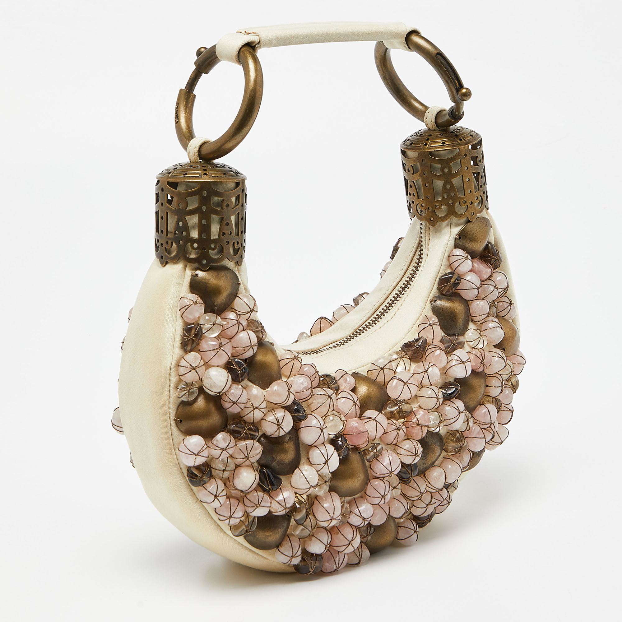 Chloé Beige Fabric Small Pebbles Stone Embellished Hobo