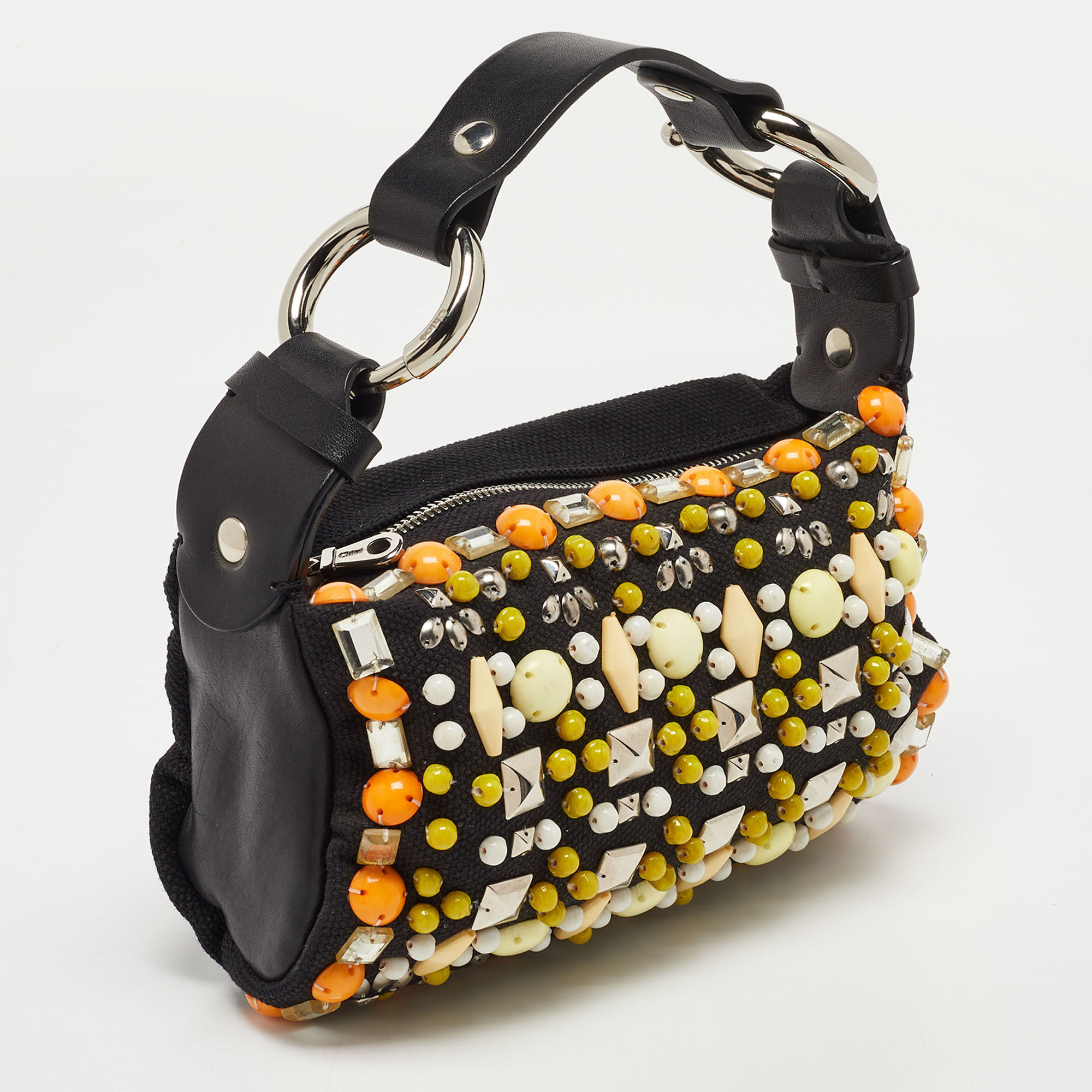 Chloe Black Canvas And Leather Embellished Ring Handle Hobo