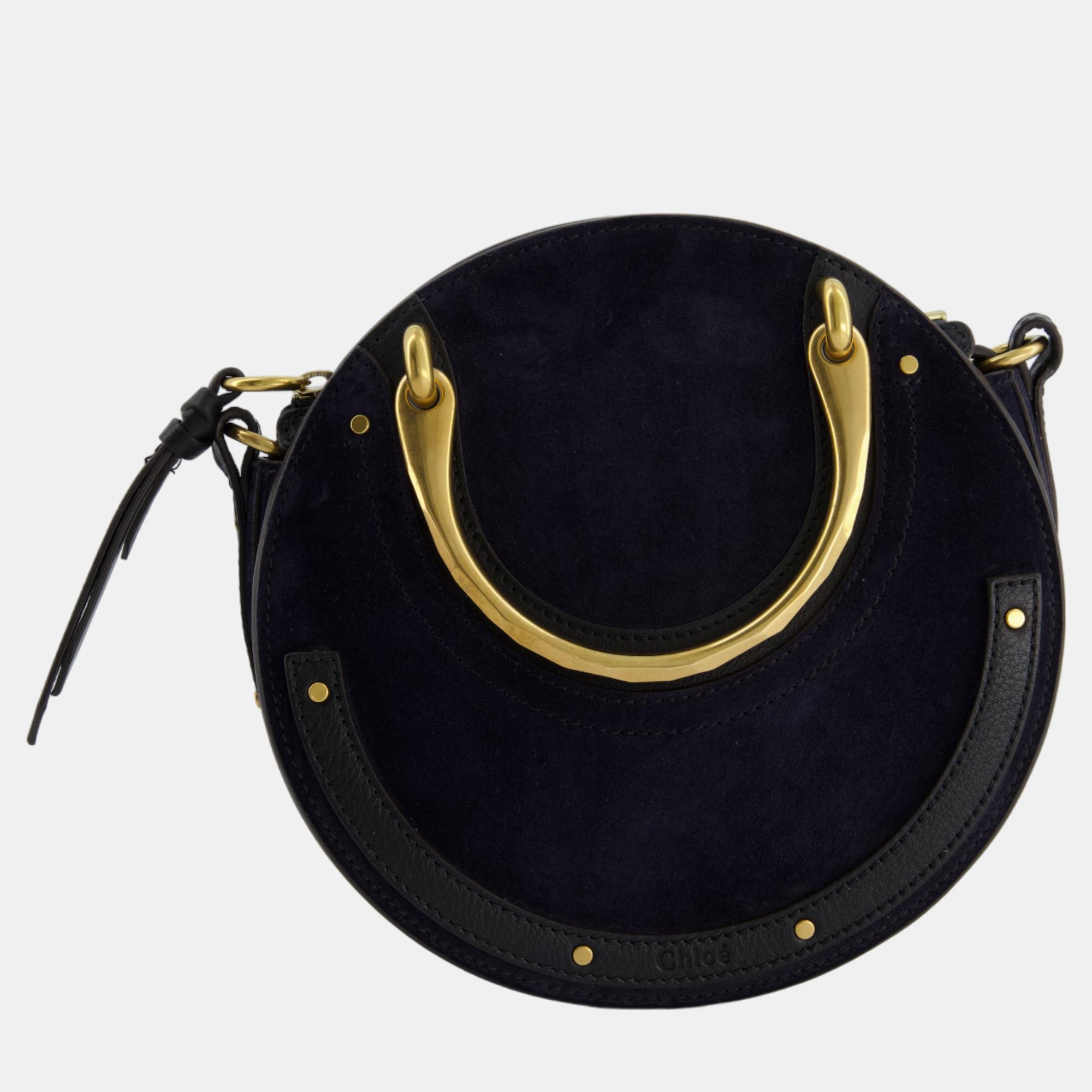 Chloe Navy Suede, Black Leather Round Pixie Cross-Body Bag With Gold Hardware
