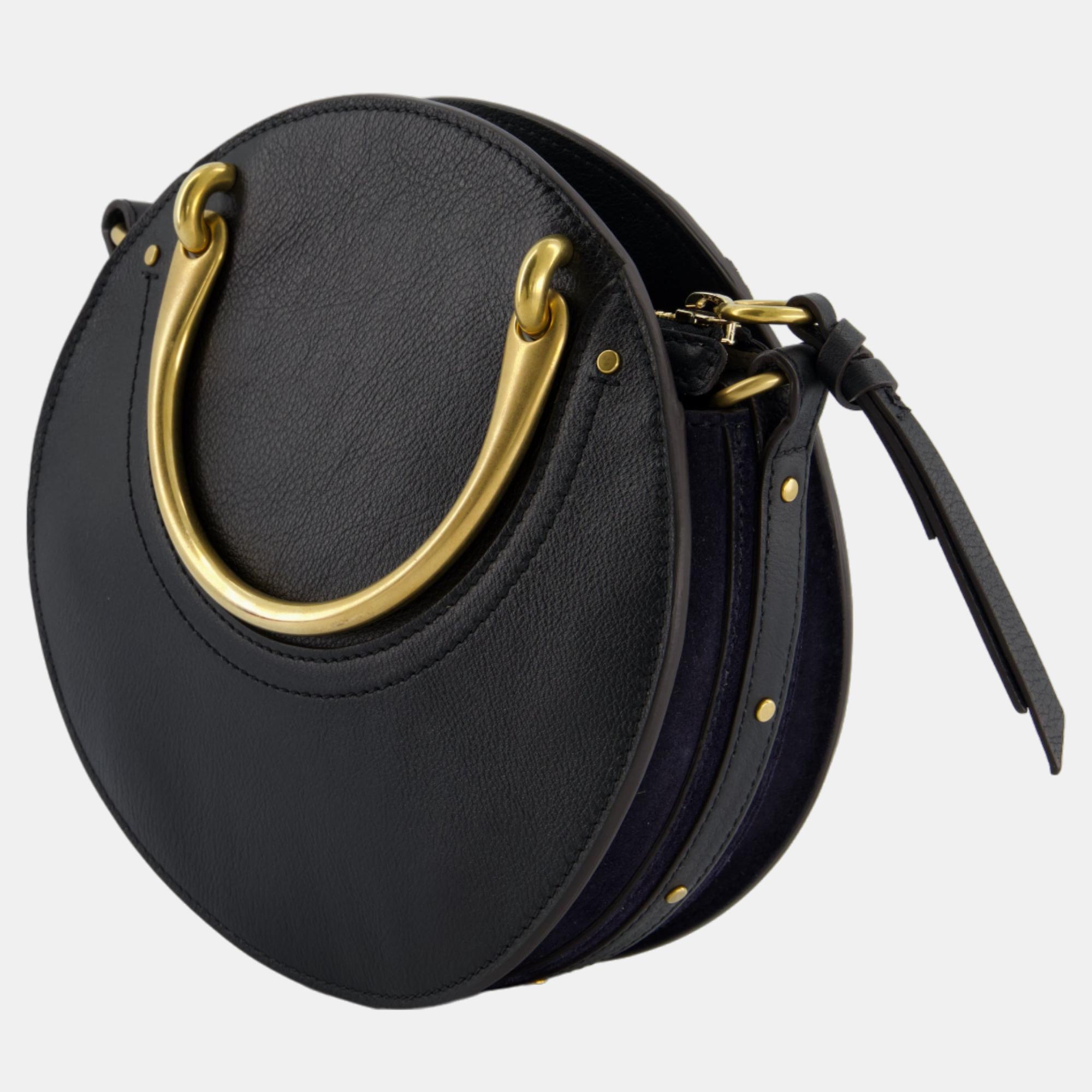 Chloe Navy Suede, Black Leather Round Pixie Cross-Body Bag With Gold Hardware