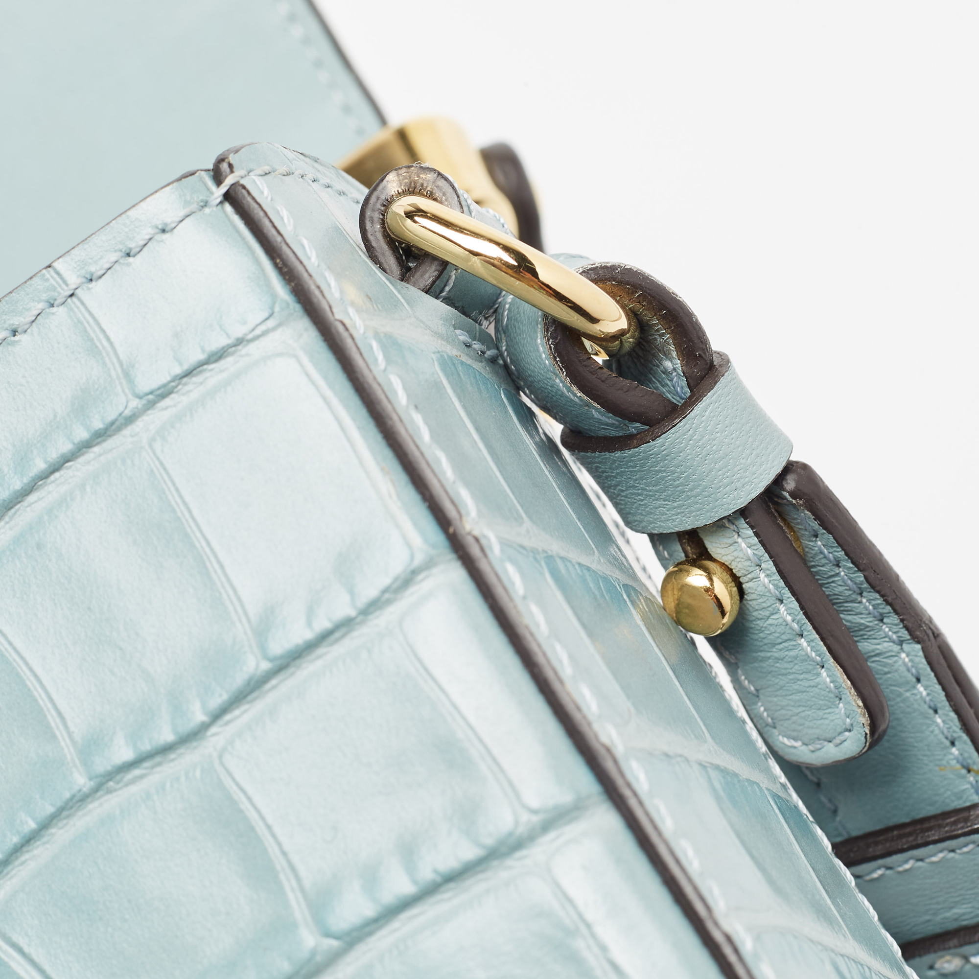 Chloe Light Blue Croc Embossed Leather Mini C Top Handle Bag