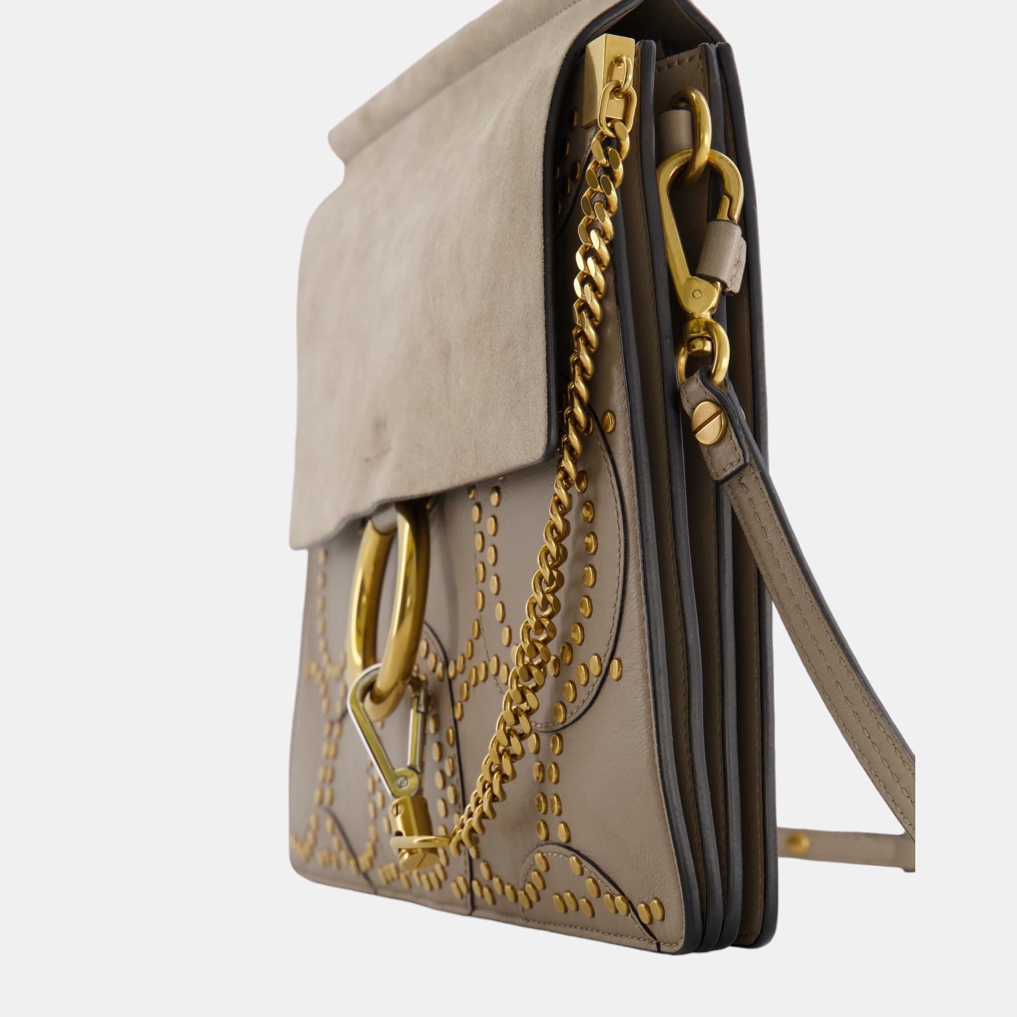 Chloe Beige Suede Leather Studded Faye Shoulder Bag With Gold Hardware