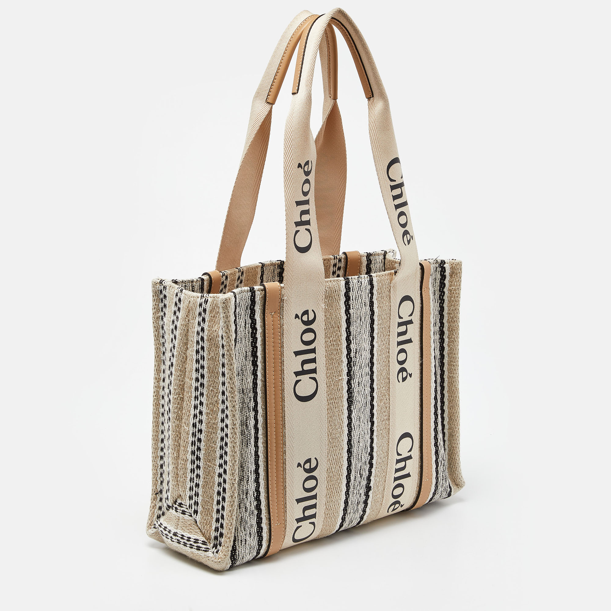 Chloe Multicolor Linen And Leather Medium Woody Tote