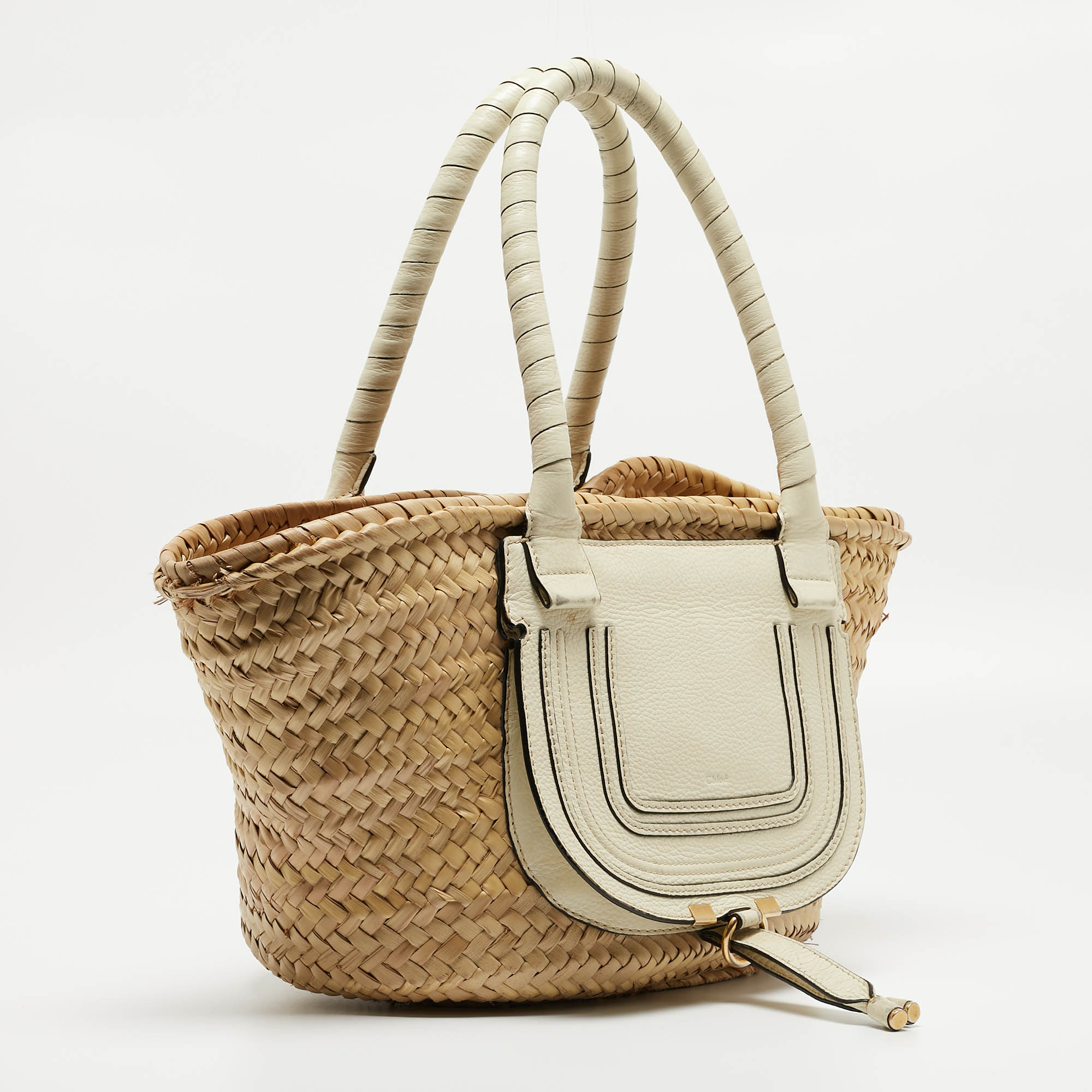 Chloe Beige/Cream Straw And Leather Medium Marcie Basket Bag