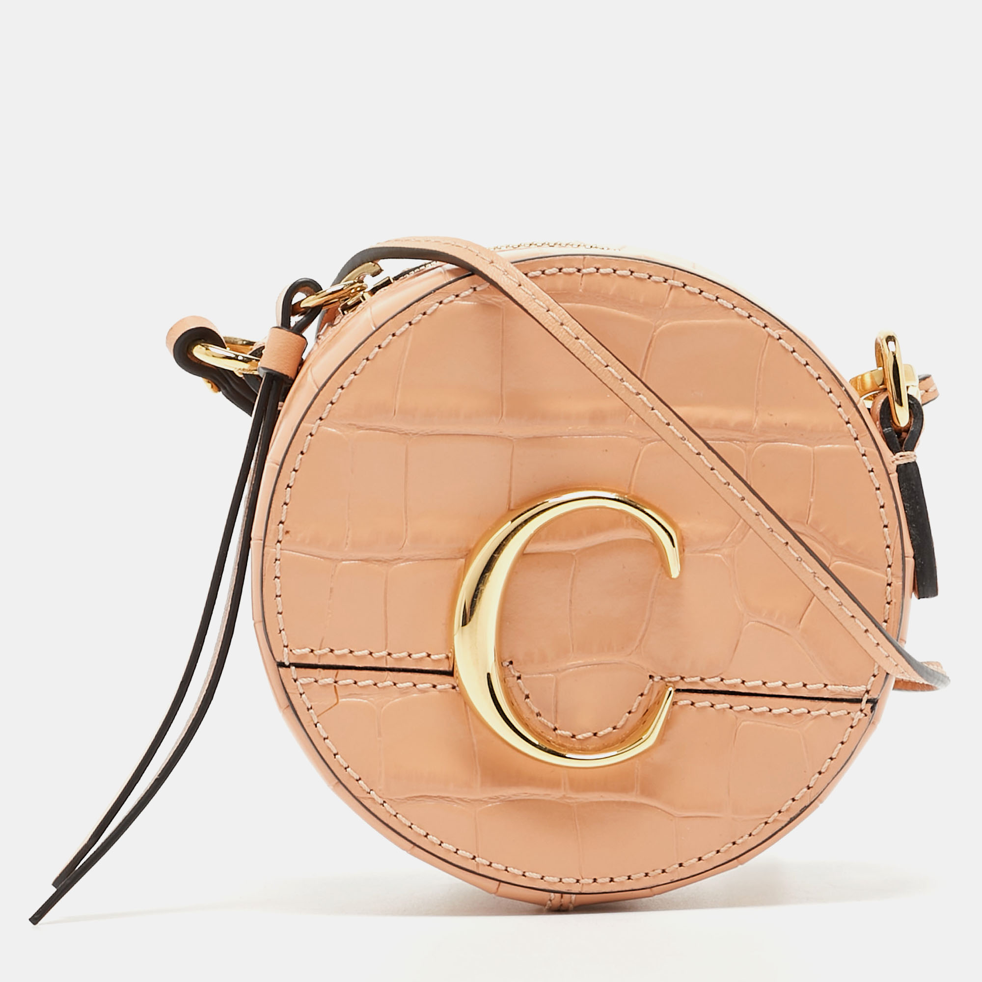 Chloe peach crocodile embossed leather mini c round crossbody bag