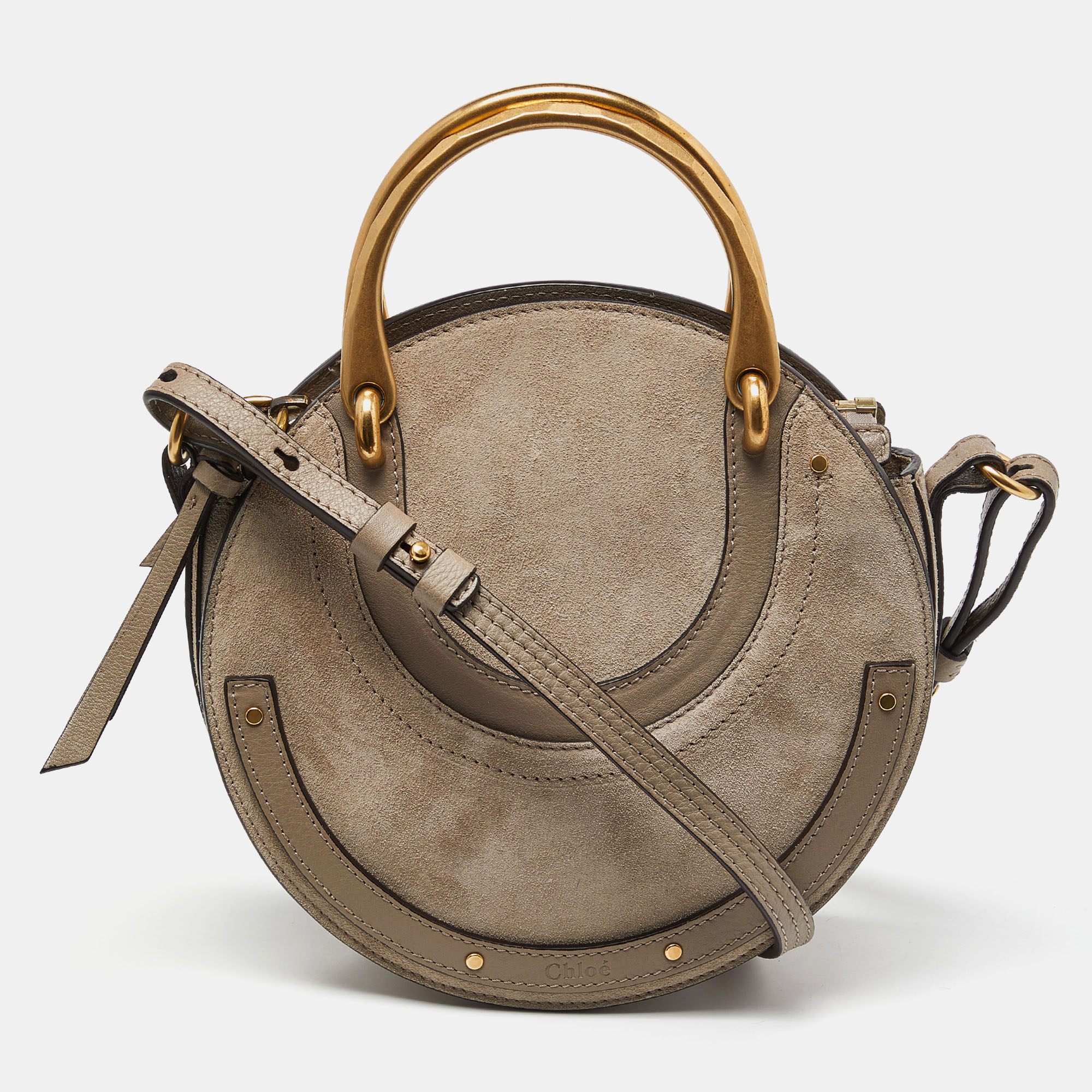 Chlo&eacute; beige leather and suede small pixie round crossbody bag