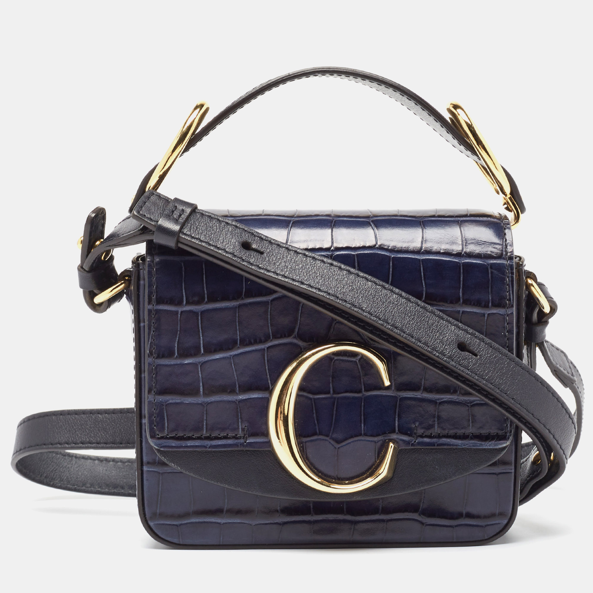 Chloe navy blue croc embossed leather mini c top handle bag