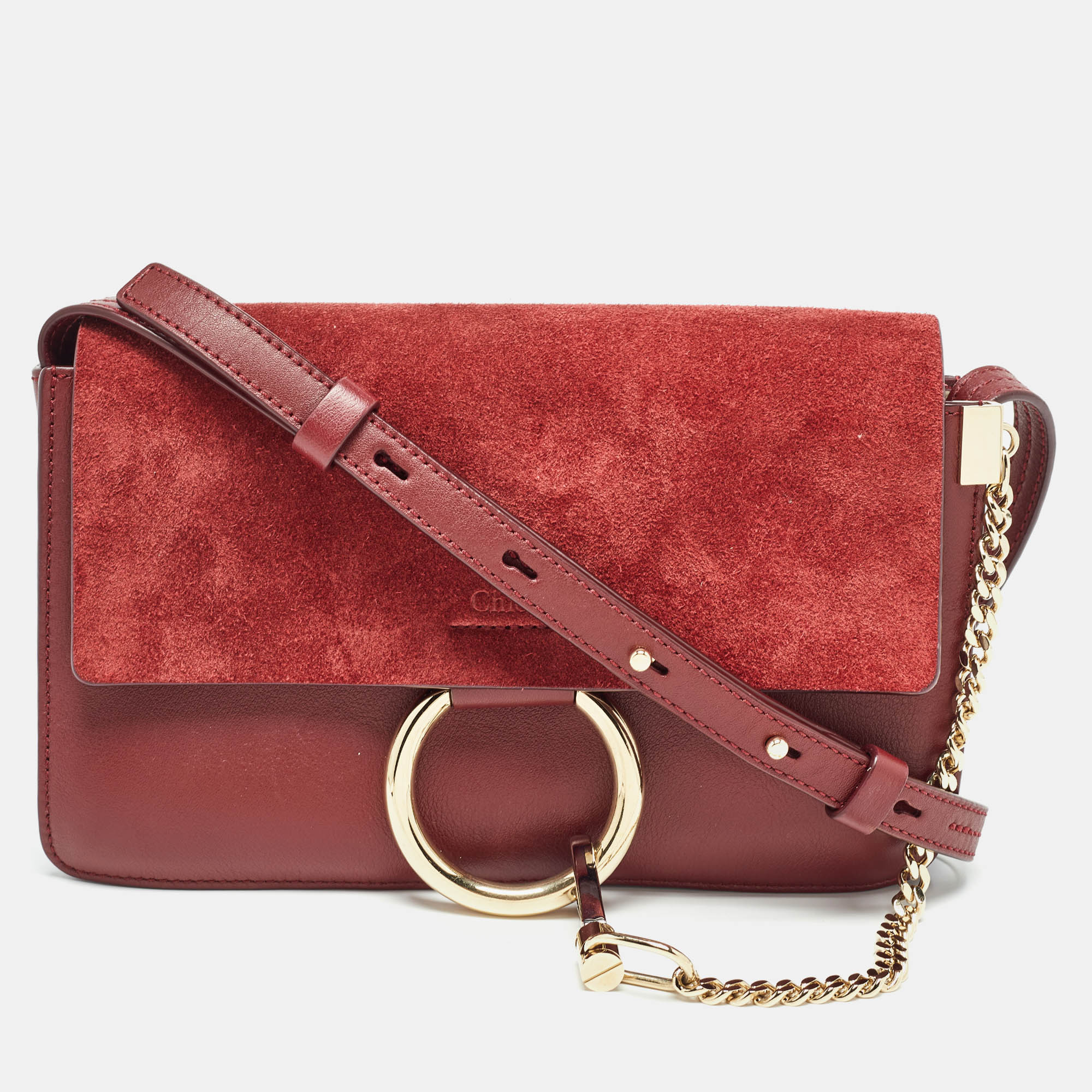Chloe burgundy leather and suede small faye shoulder bag