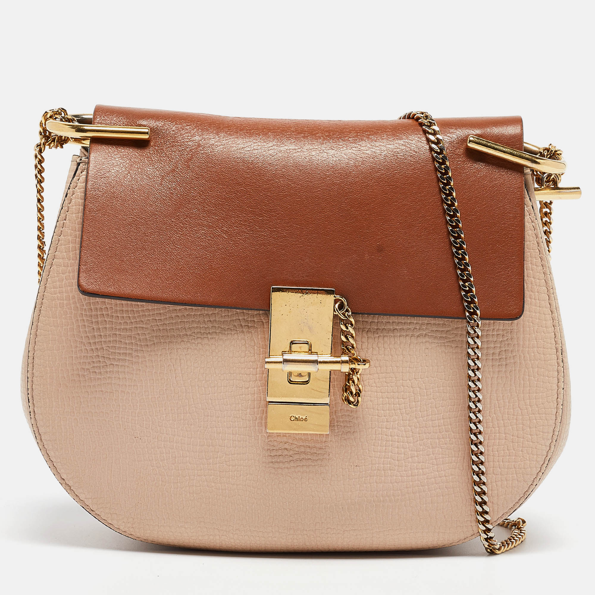 Chloe brown/light beige grain leather medium drew shoulder bag