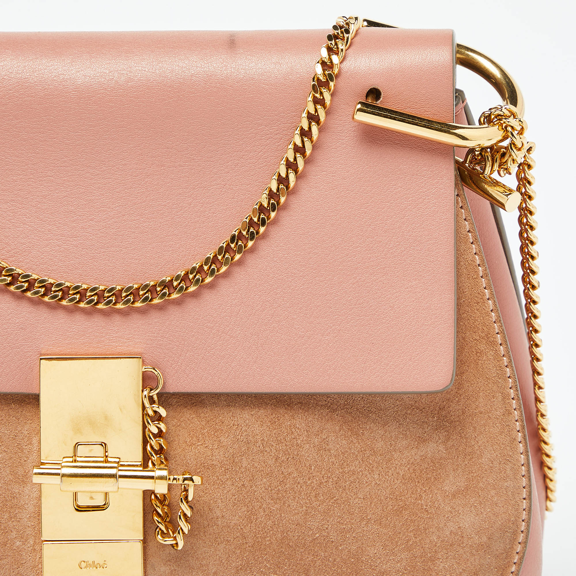 Chloe Two Tone Peach Leather And Suede Medium Drew Shoulder Bag