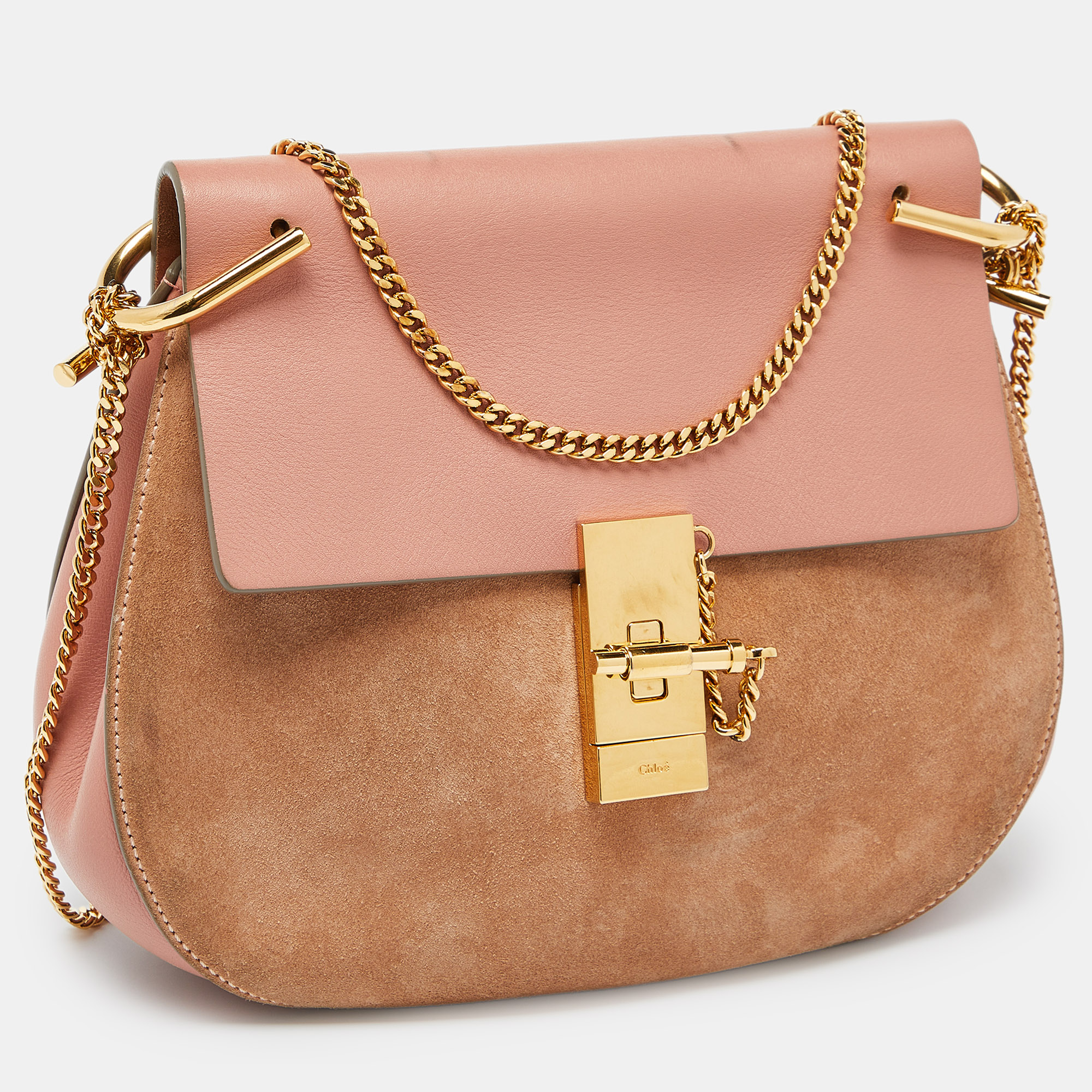 Chloe Two Tone Peach Leather And Suede Medium Drew Shoulder Bag