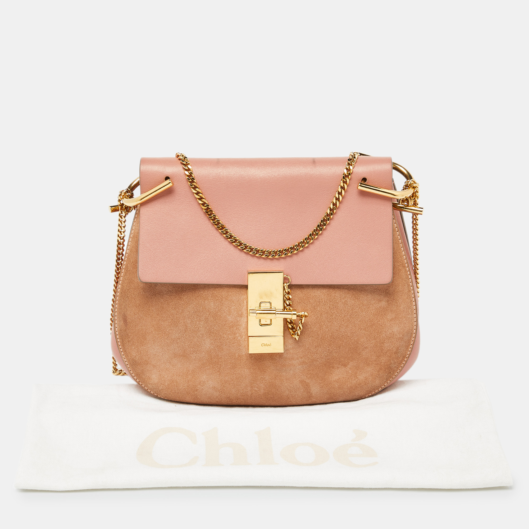 Chloe Two Tone Peach Leather And Suede Medium Drew Shoulder Bag