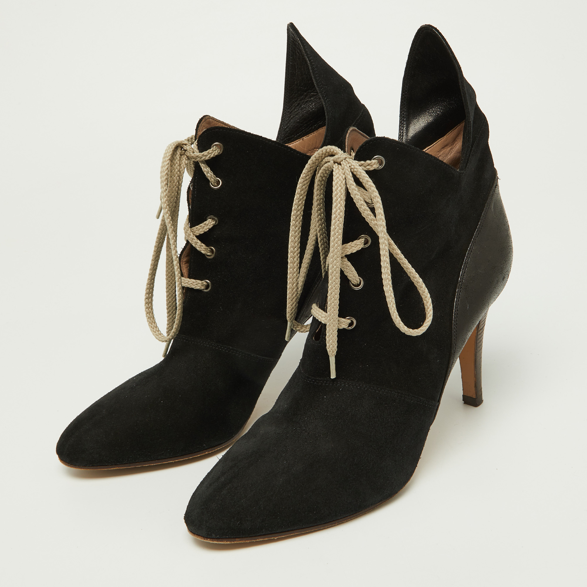 Chloe Black Suede And Leather Pointed Toe Ankle Booties Size 38.5