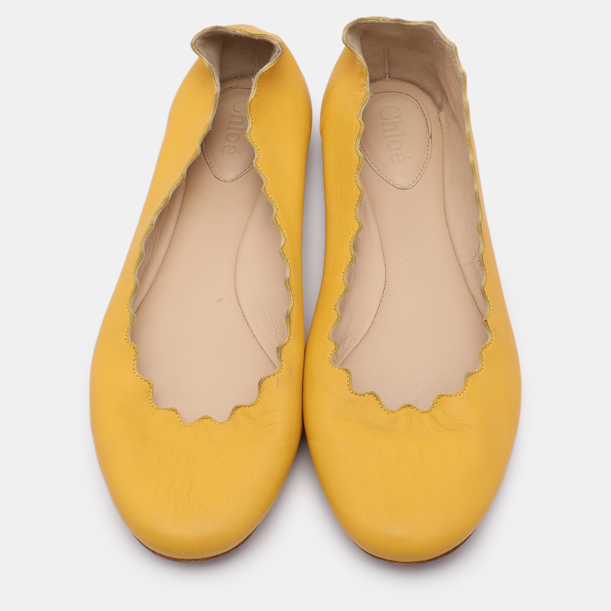 Chloe Yellow Leather Scalloped Ballet Flats Size 35