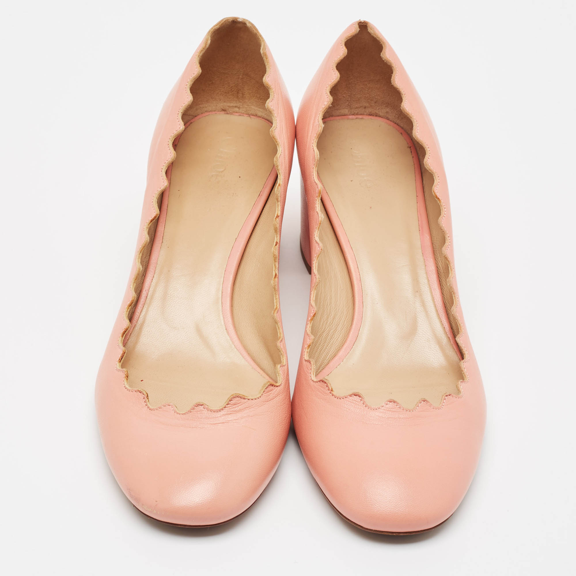 Chloe Pink Leather Laurena Scalloped Block Heel Pumps Size 37