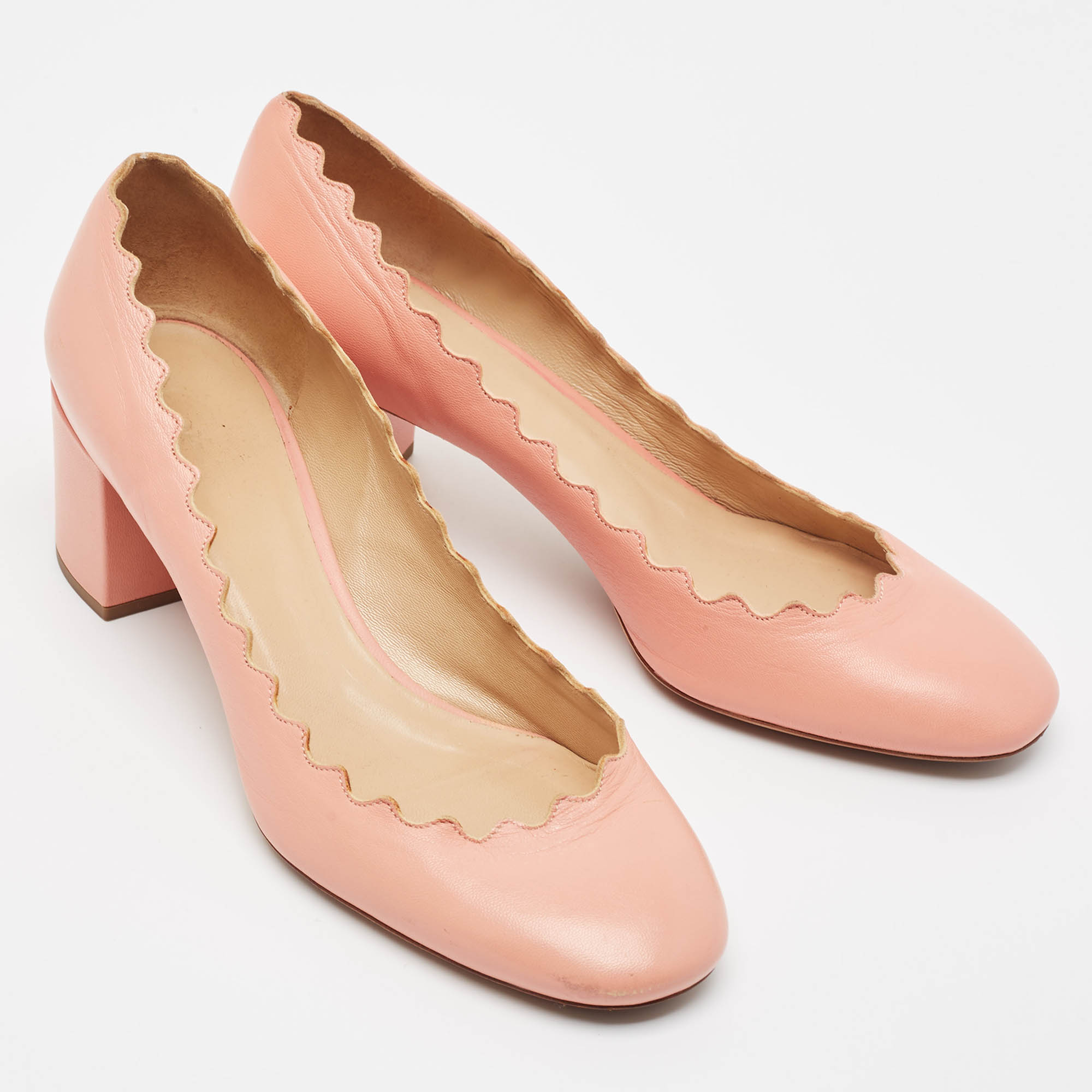 Chloe Pink Leather Laurena Scalloped Block Heel Pumps Size 37