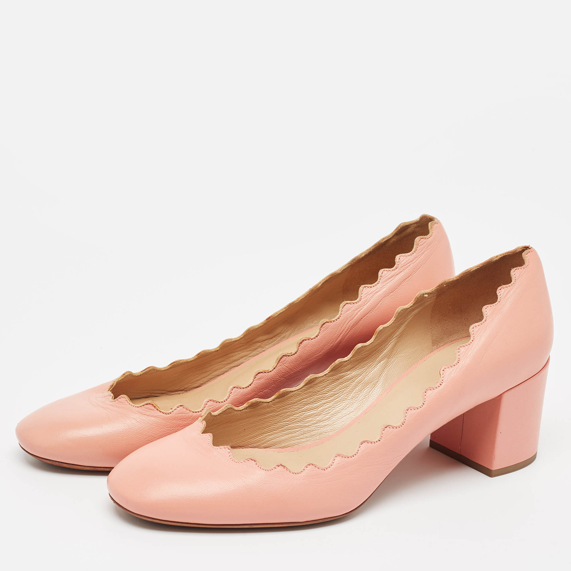 Chloe Pink Leather Laurena Scalloped Block Heel Pumps Size 37