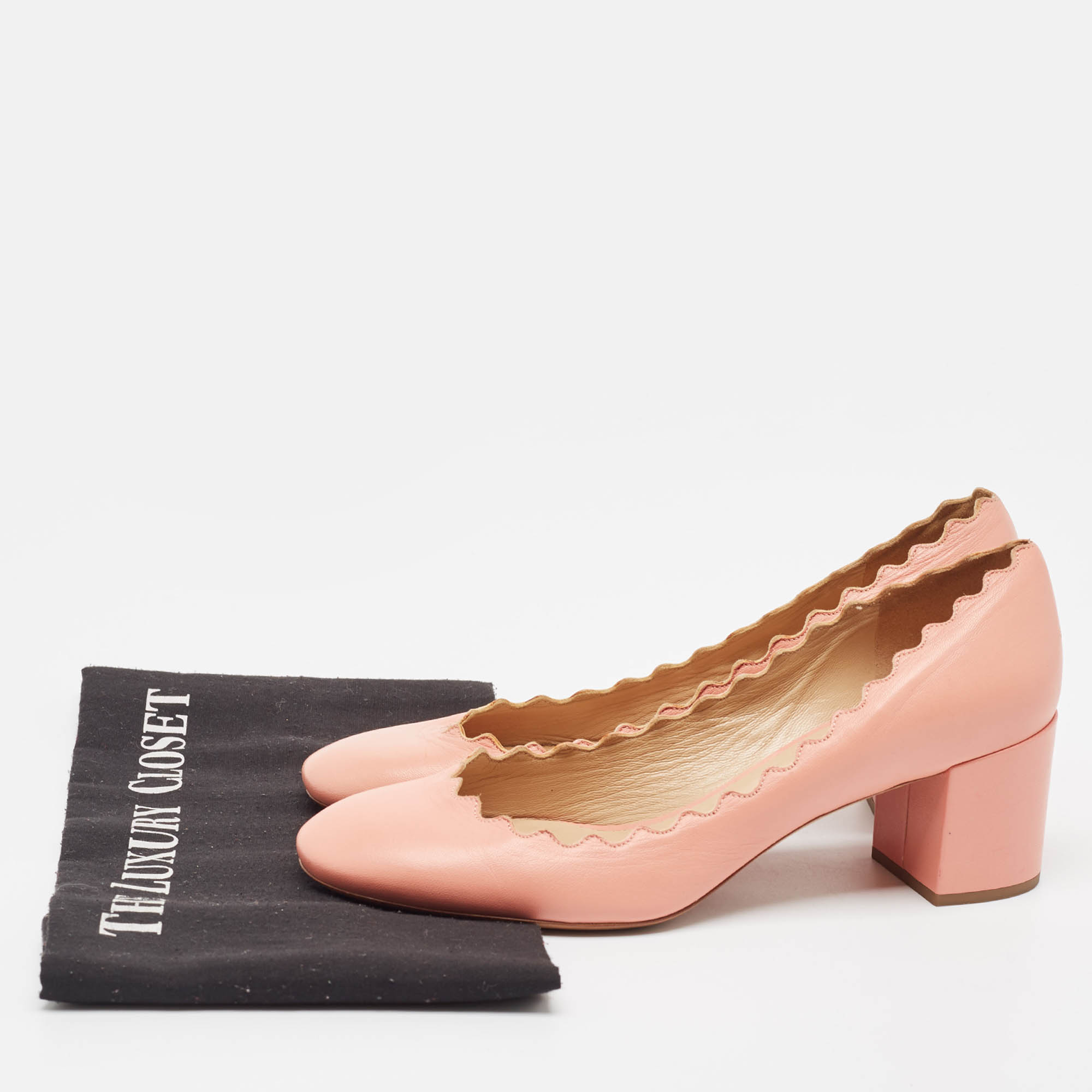 Chloe Pink Leather Laurena Scalloped Block Heel Pumps Size 37