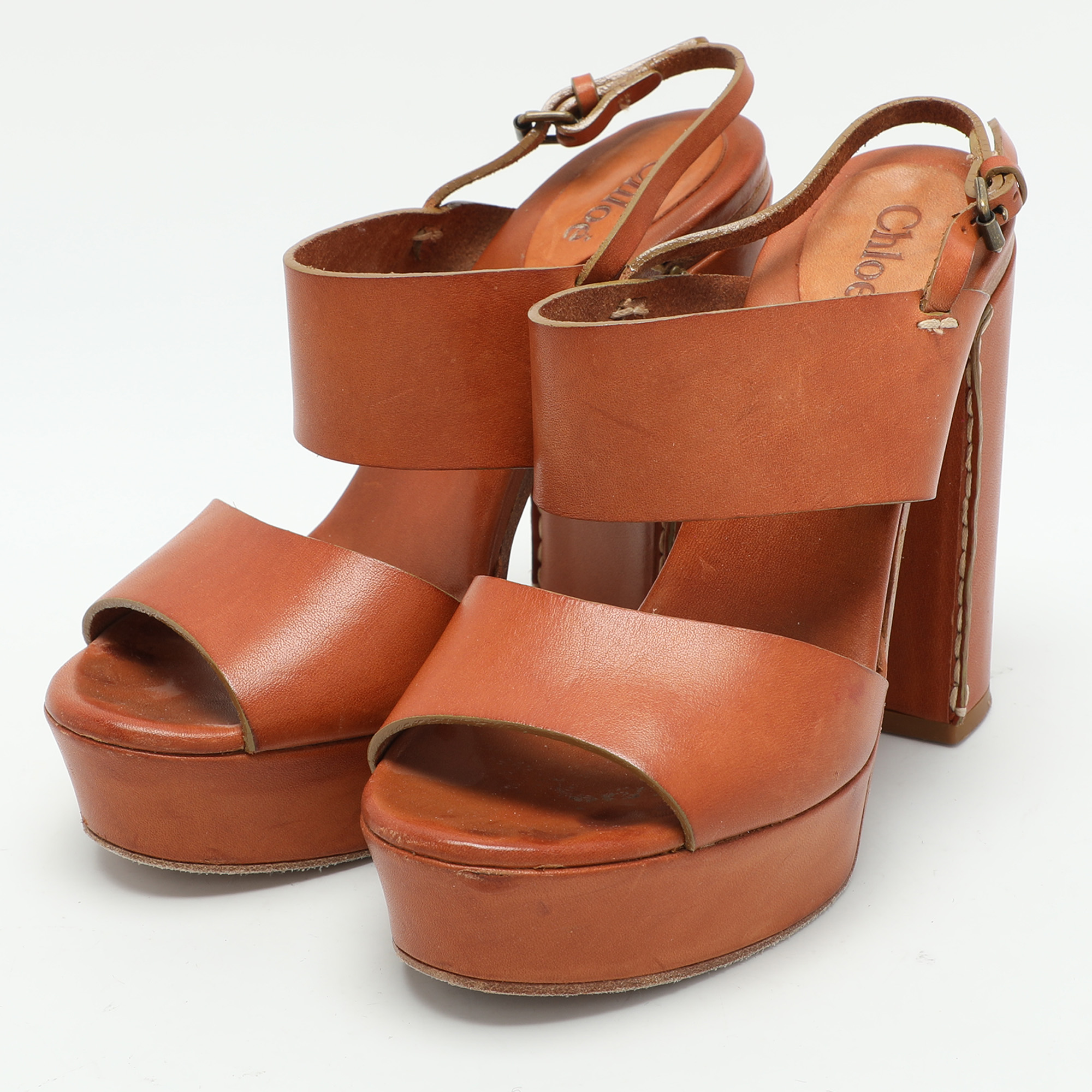 Chloe Brown Leather Platform Ankle Strap Sandals Size 35.5