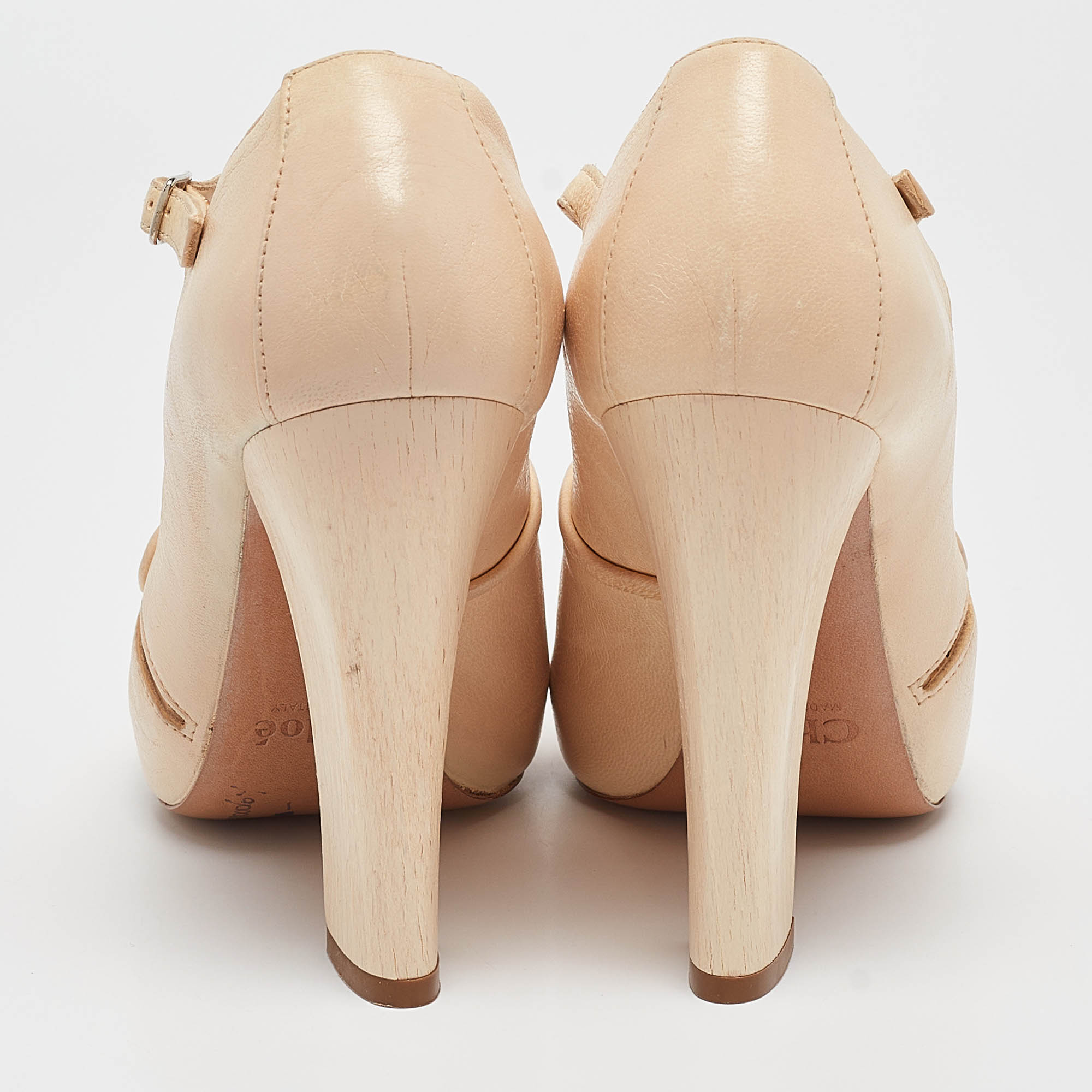 Chloe Beige Leather Peep Toe Mary Jane Pumps Size 38