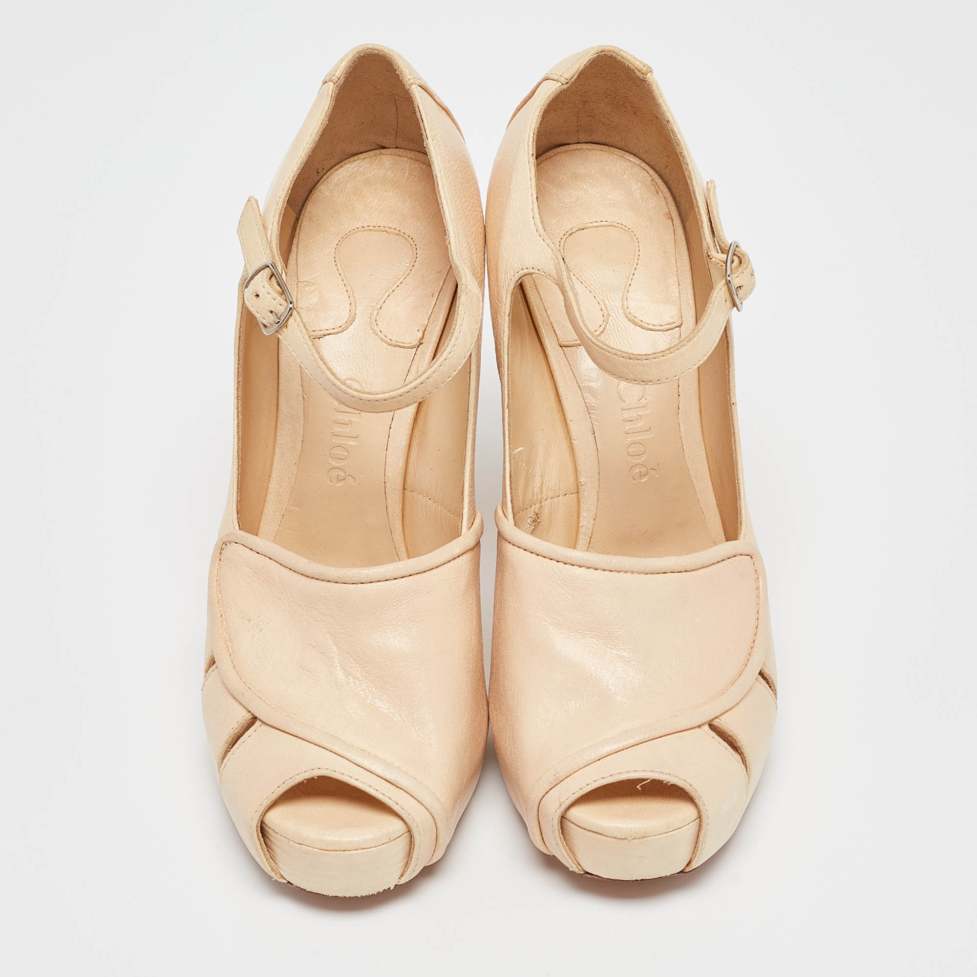 Chloe Beige Leather Peep Toe Mary Jane Pumps Size 38