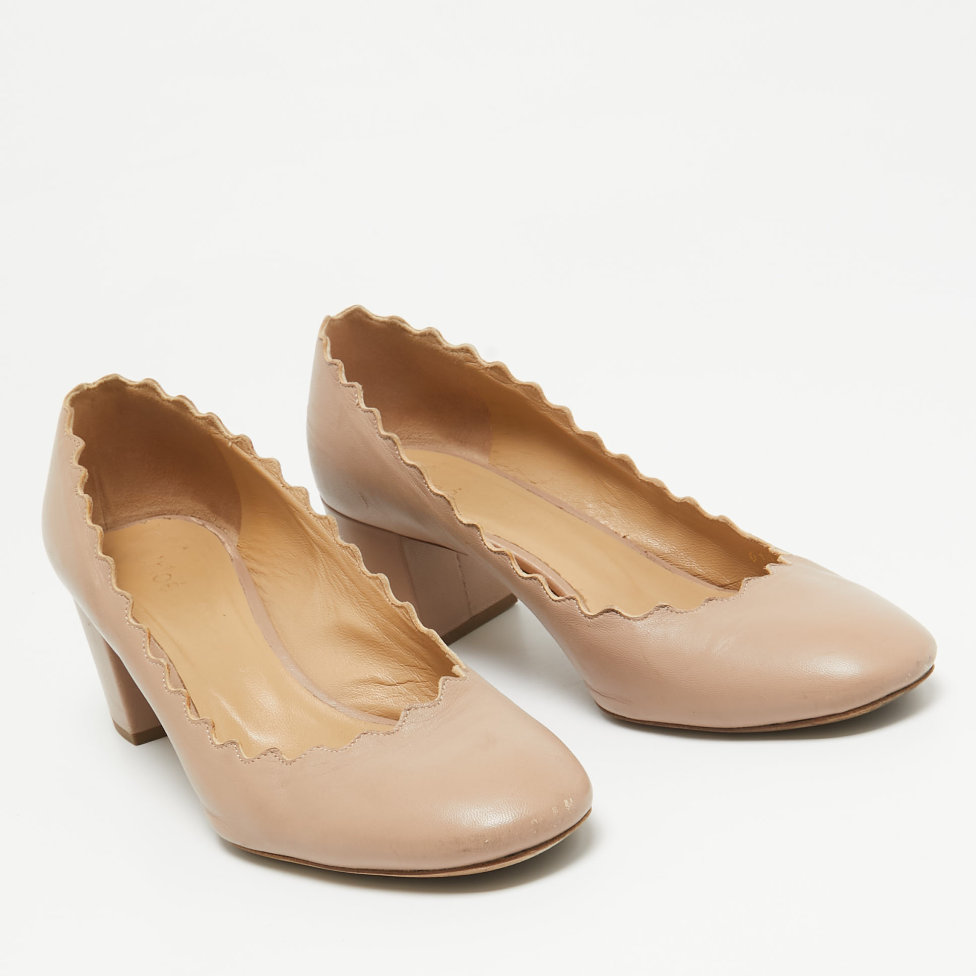 Chloe Beige Leather Laurena Scalloped Block Heel Pumps Size 36.5