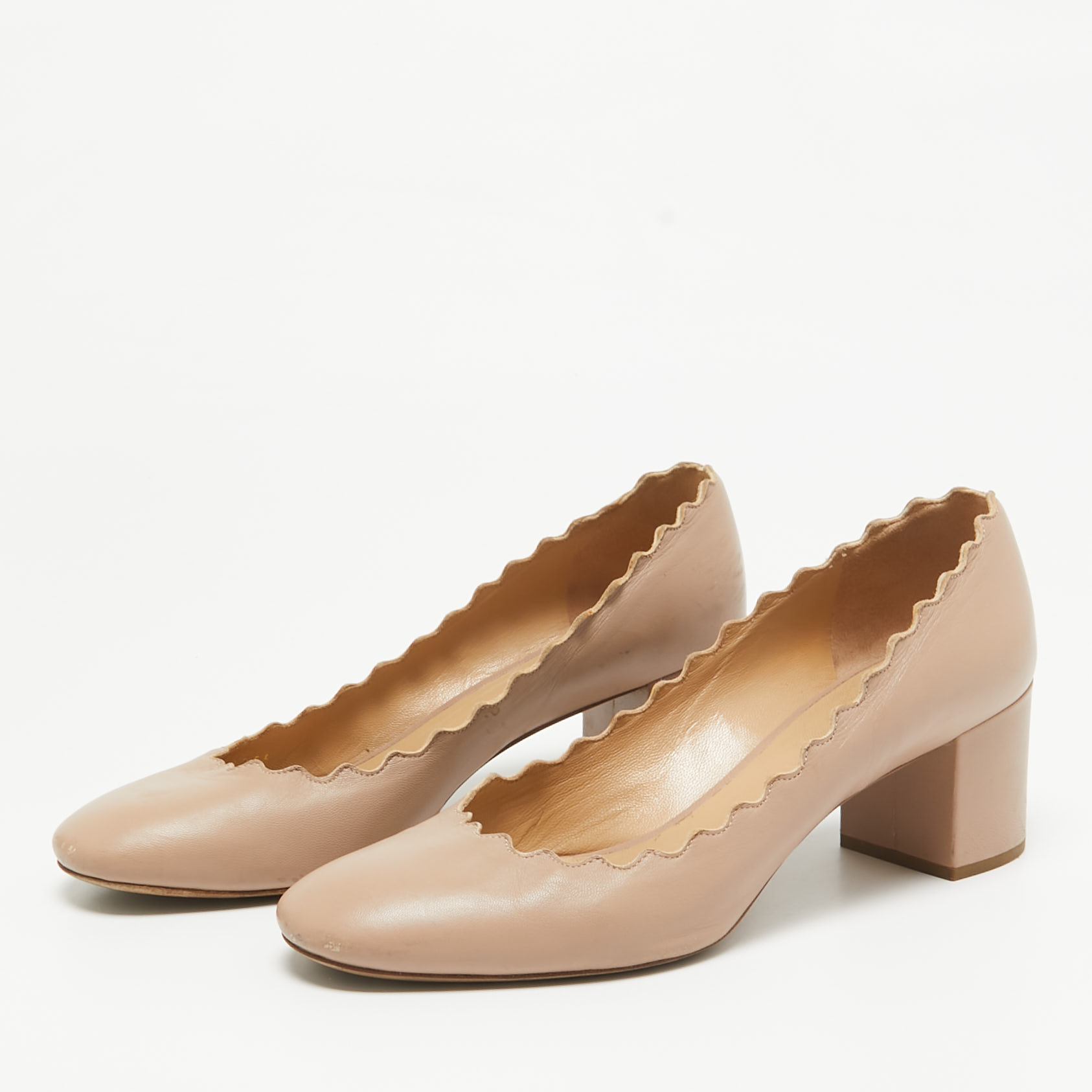 Chloe Beige Leather Laurena Scalloped Block Heel Pumps Size 36.5