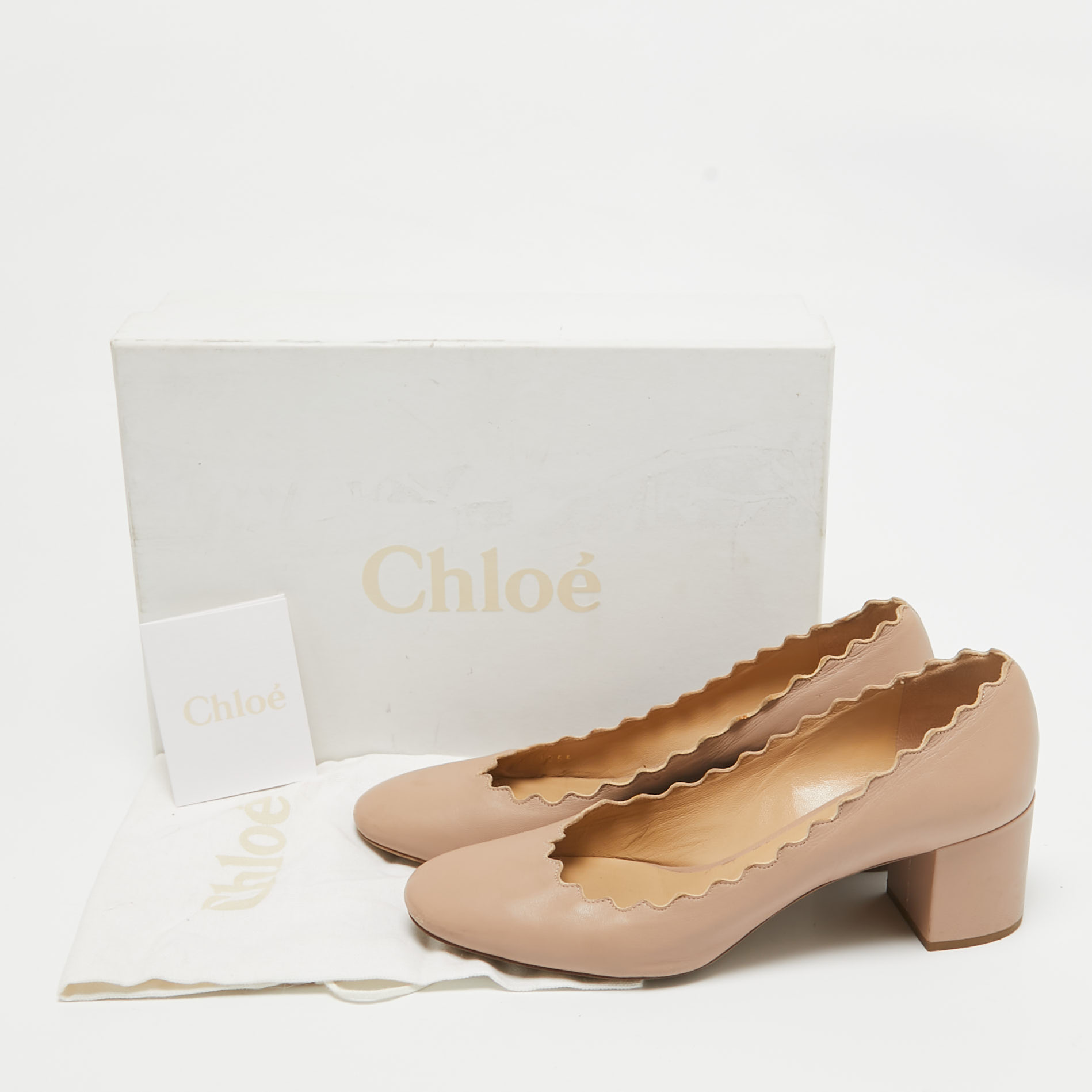 Chloe Beige Leather Laurena Scalloped Block Heel Pumps Size 36.5