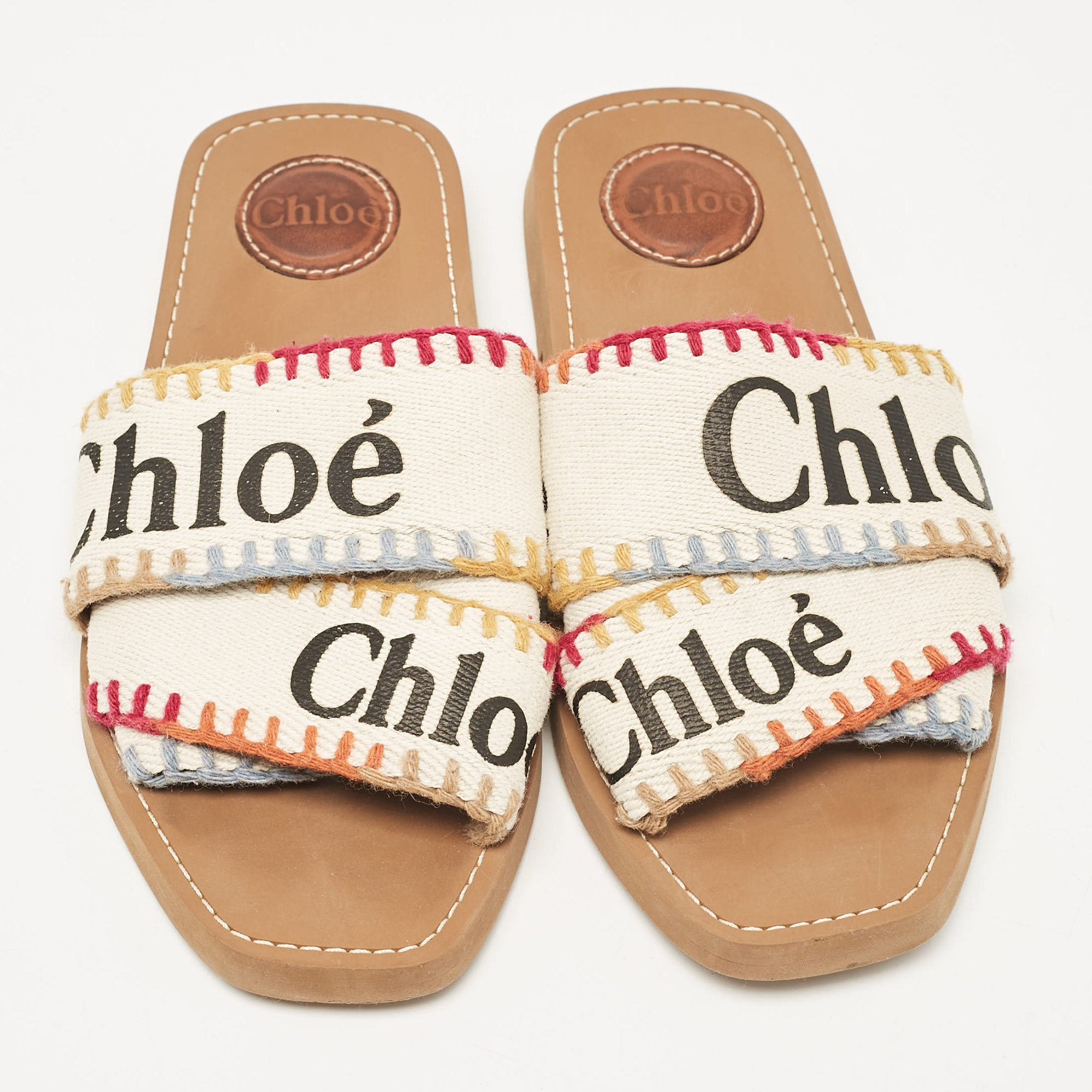 Chloe Multicolor Canvas Woody Flat Sandals Size 37