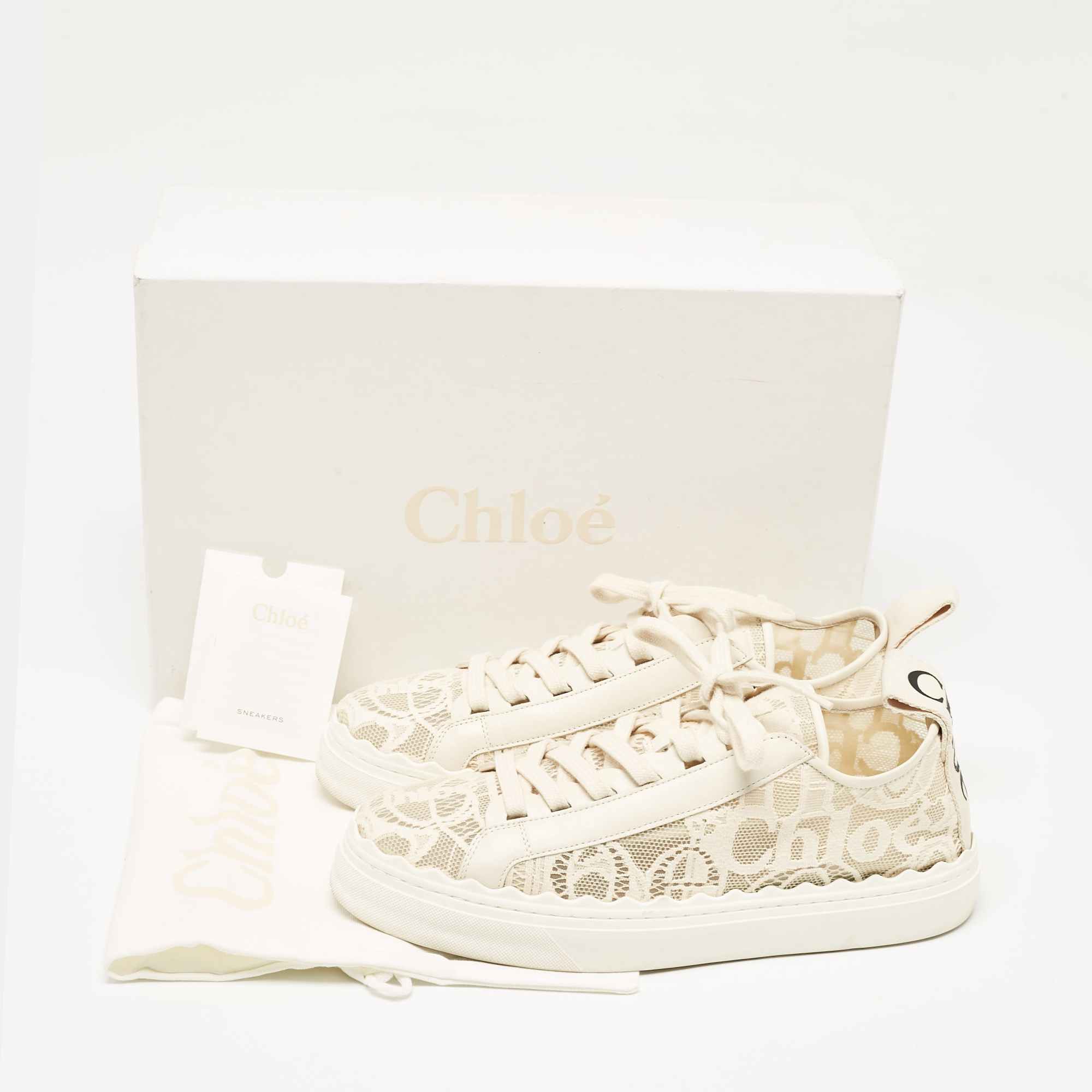 Chloe Light Beige Lace And Leather Lauren Low Top Sneakers Size 41