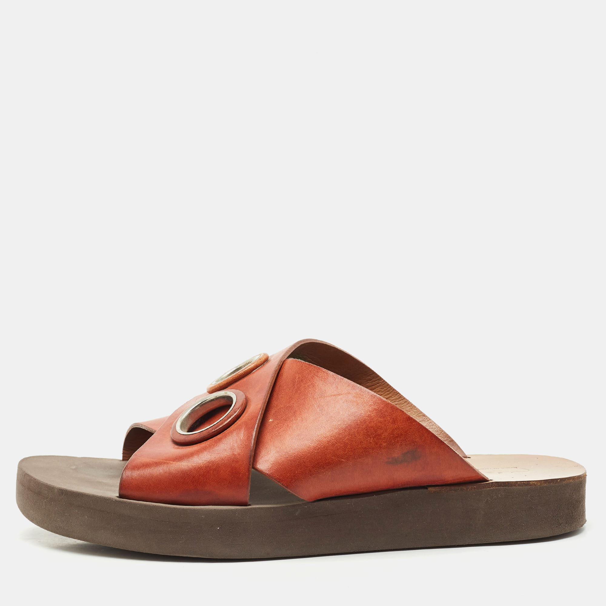 Chloe Brown Leather Crisscross Flat Slide Size 37 - Chloe - Modalova