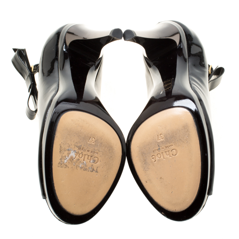 Chloe Black Patent Leather Bow Detail Ankle Strap Peep Toe Pumps Size 37