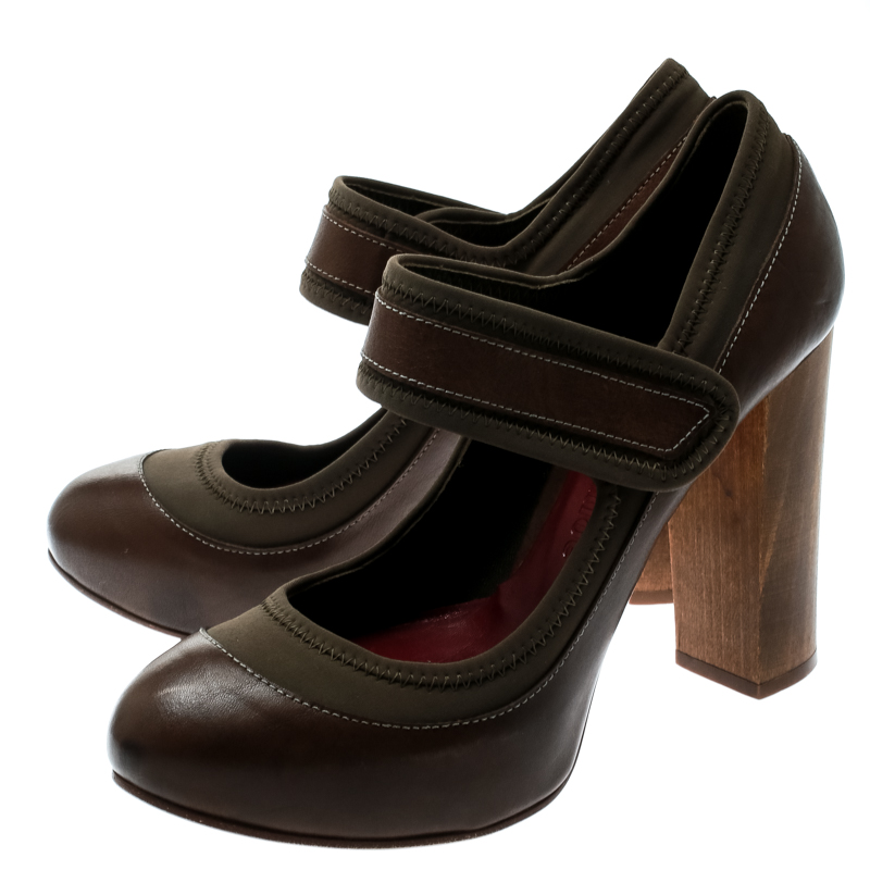 Chloe Brown Leather And Khaki Fabric Mary Jane Block Heel Platform Pumps Size 38
