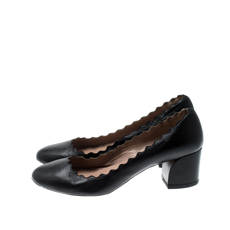 Chloe Black Leather Lauren Scallop Trim Block Heel Pumps Size 38.5