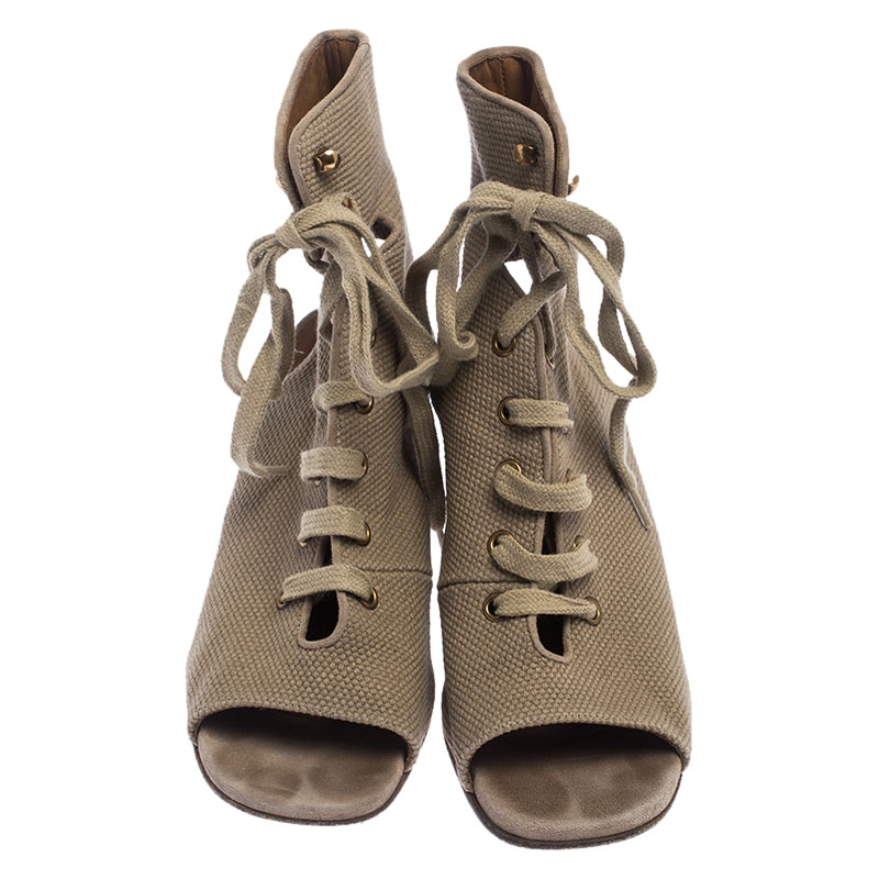 Chloe Beige Canvas Ghillie Lace Up Wedge Sandals Size 36