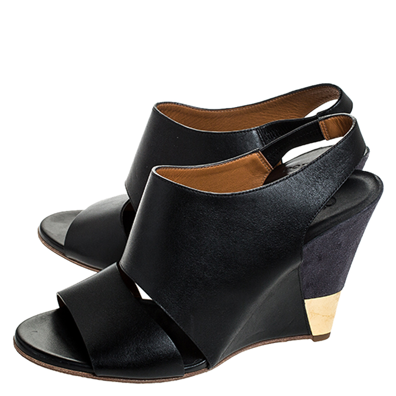 Chloe Black Leather Eliza Wedge Slingback Sandals Size 39.5