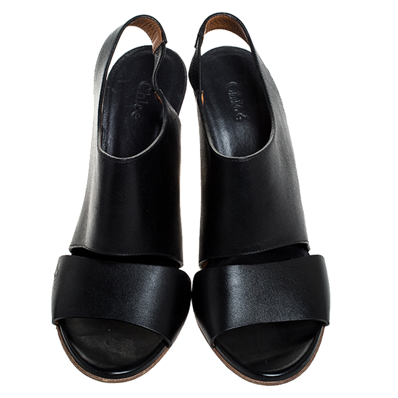 Chloe Black Leather Eliza Wedge Slingback Sandals Size 39.5